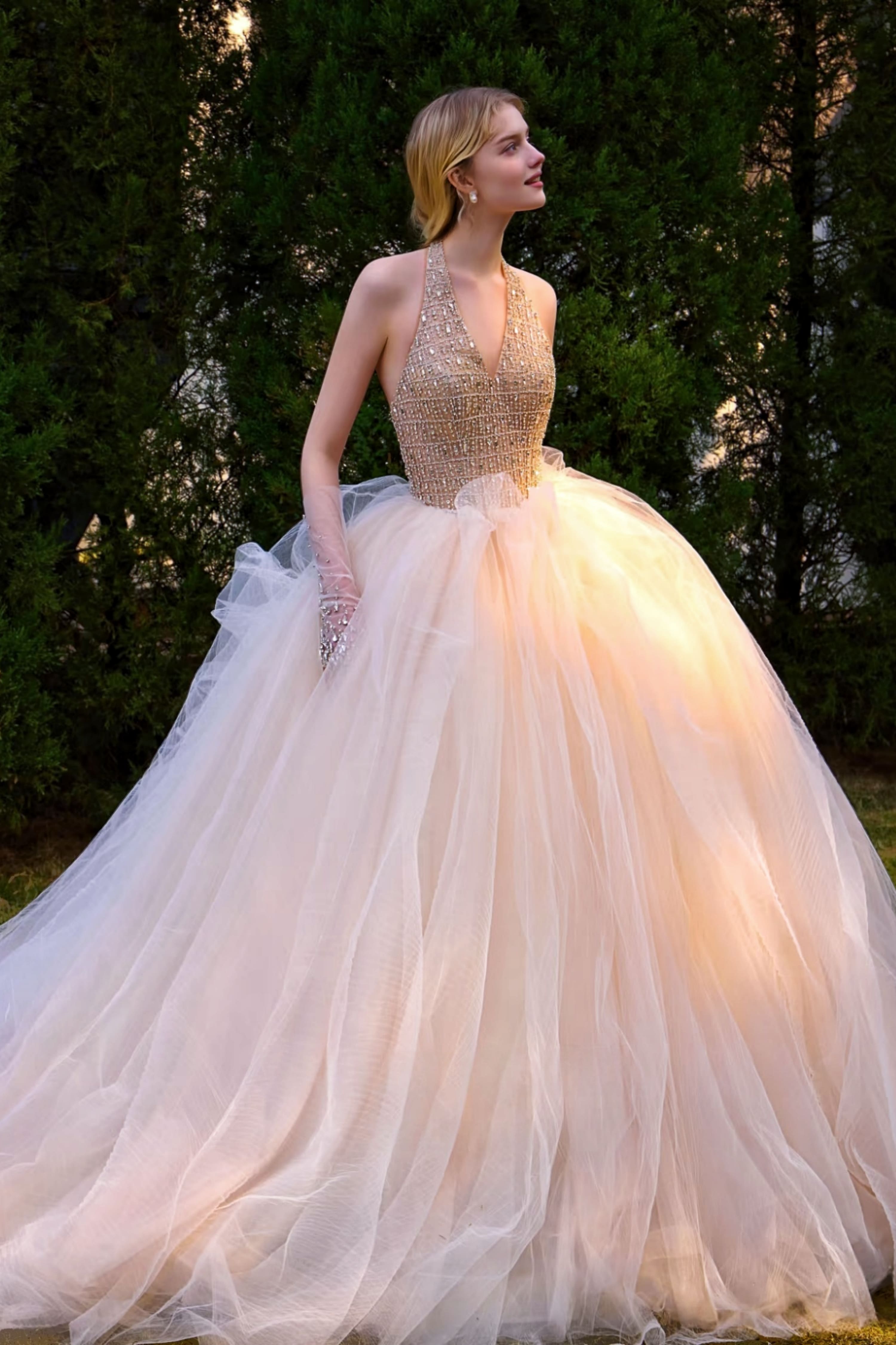 Open Back Beaded Mermaid Wedding Dress with Gloves-AND Bride