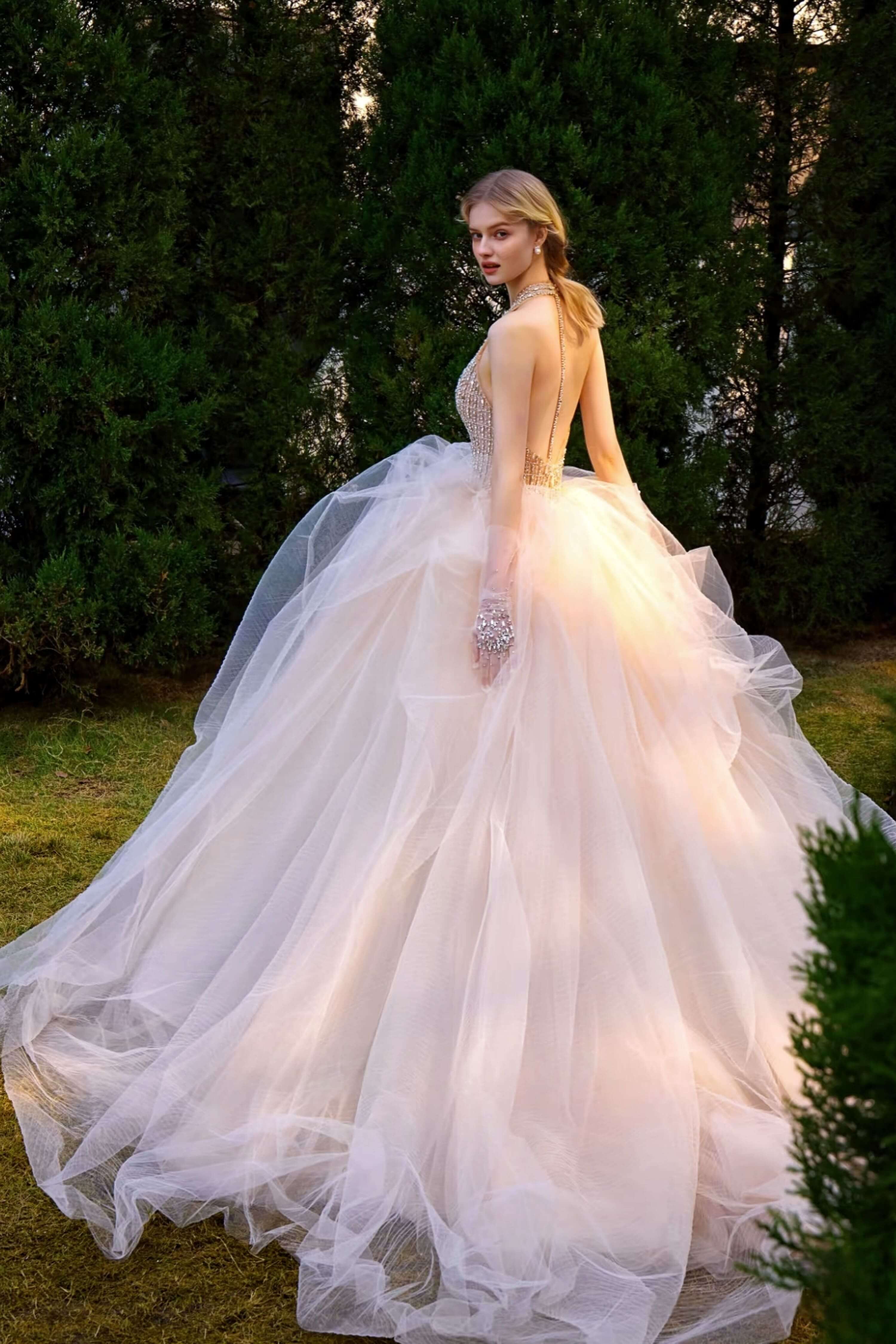 Open Back Beaded Mermaid Wedding Dress with Gloves-AND Bride