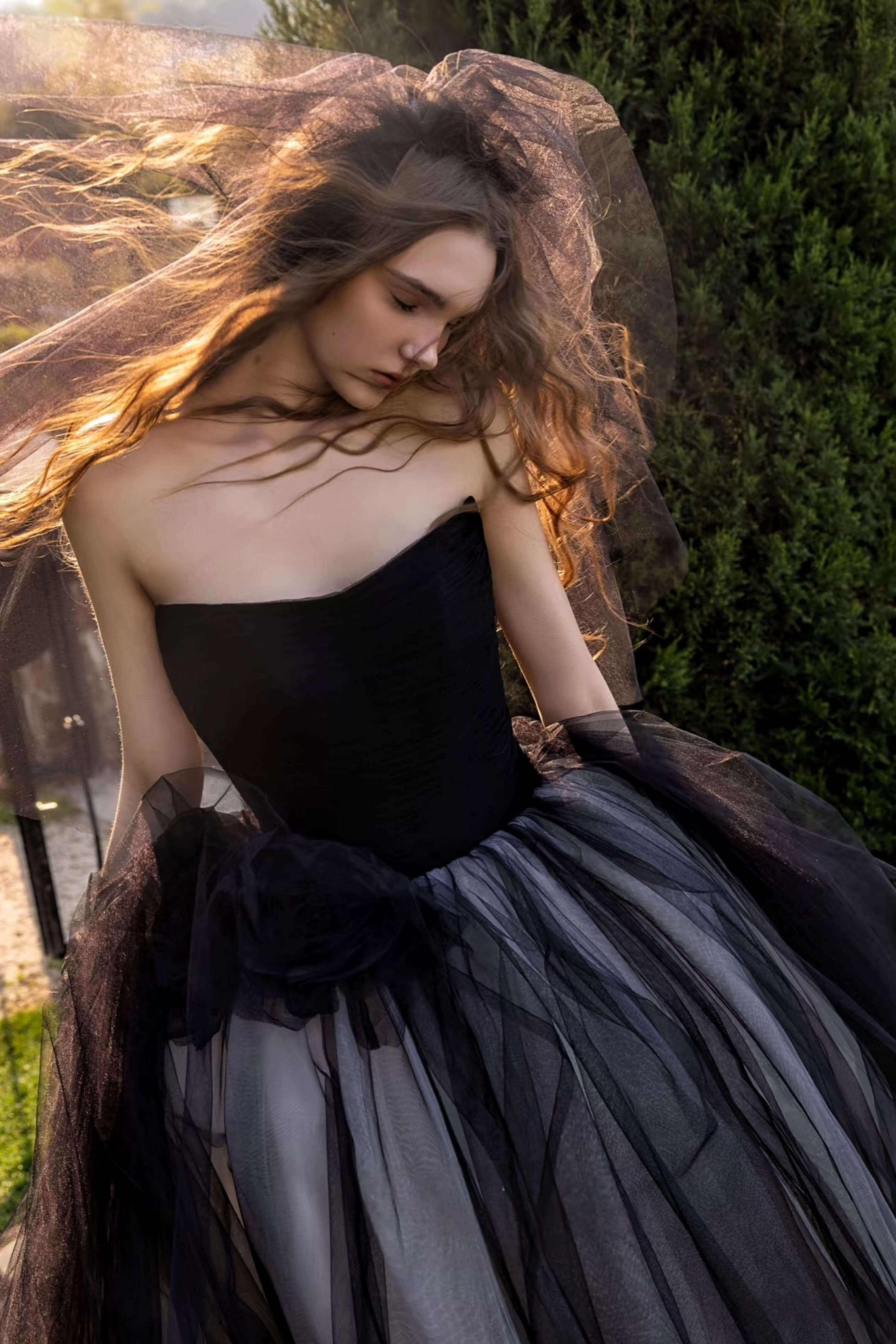 Black Satin Mermaid Wedding Dress with Ruched Gothic Style-AND Bride