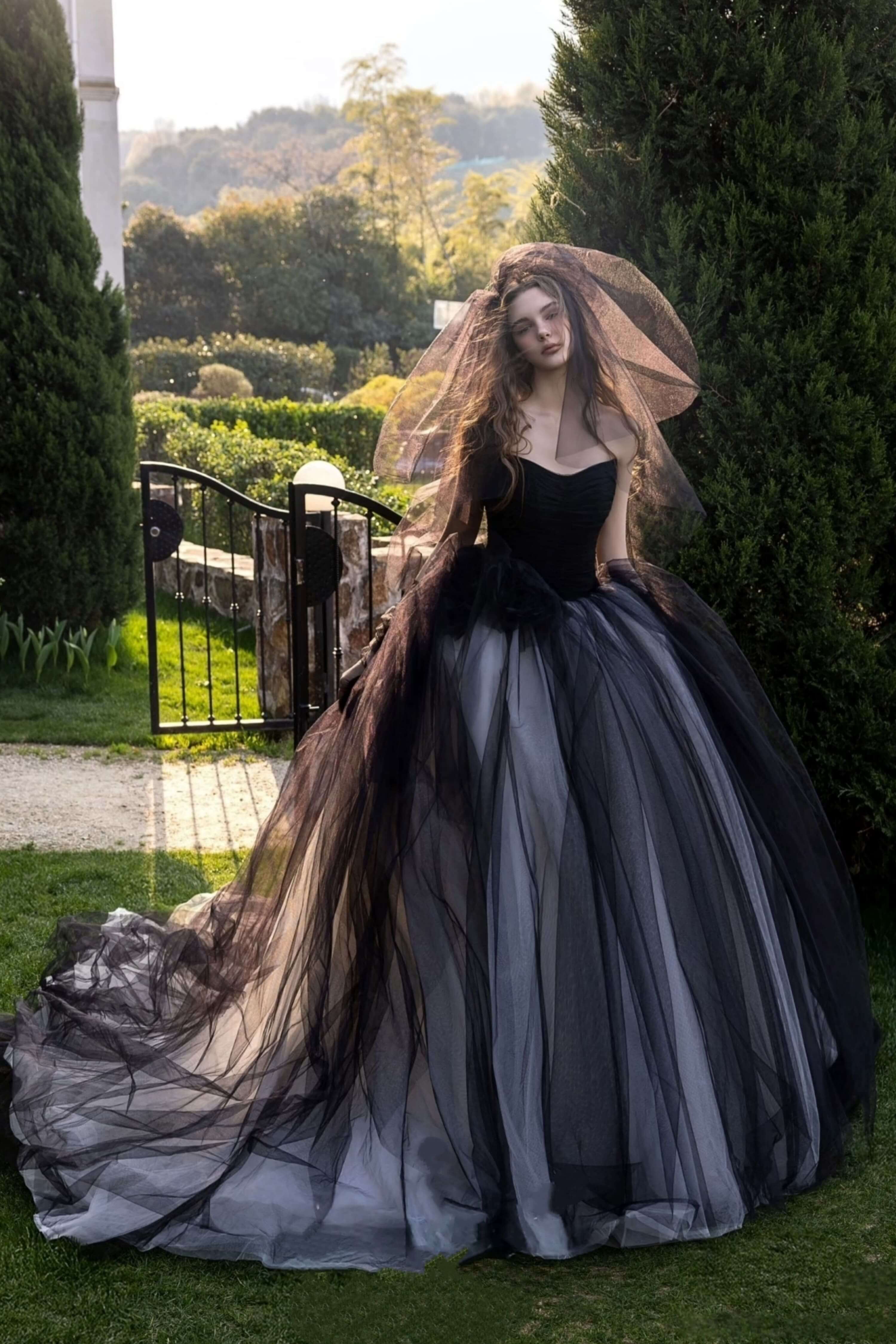 Black Satin Mermaid Wedding Dress with Ruched Gothic Style-AND Bride