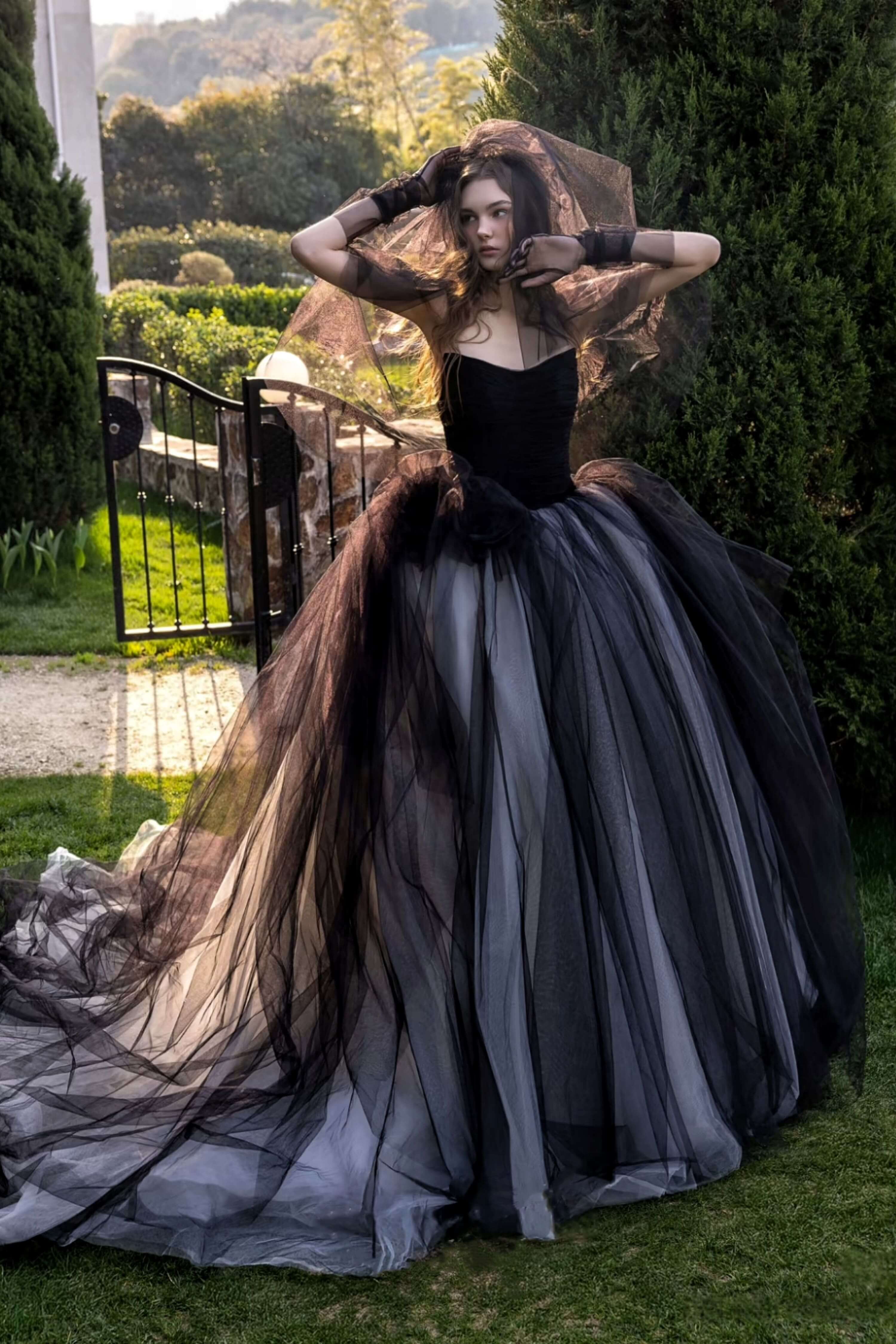 Black Satin Mermaid Wedding Dress with Ruched Gothic Style-AND Bride