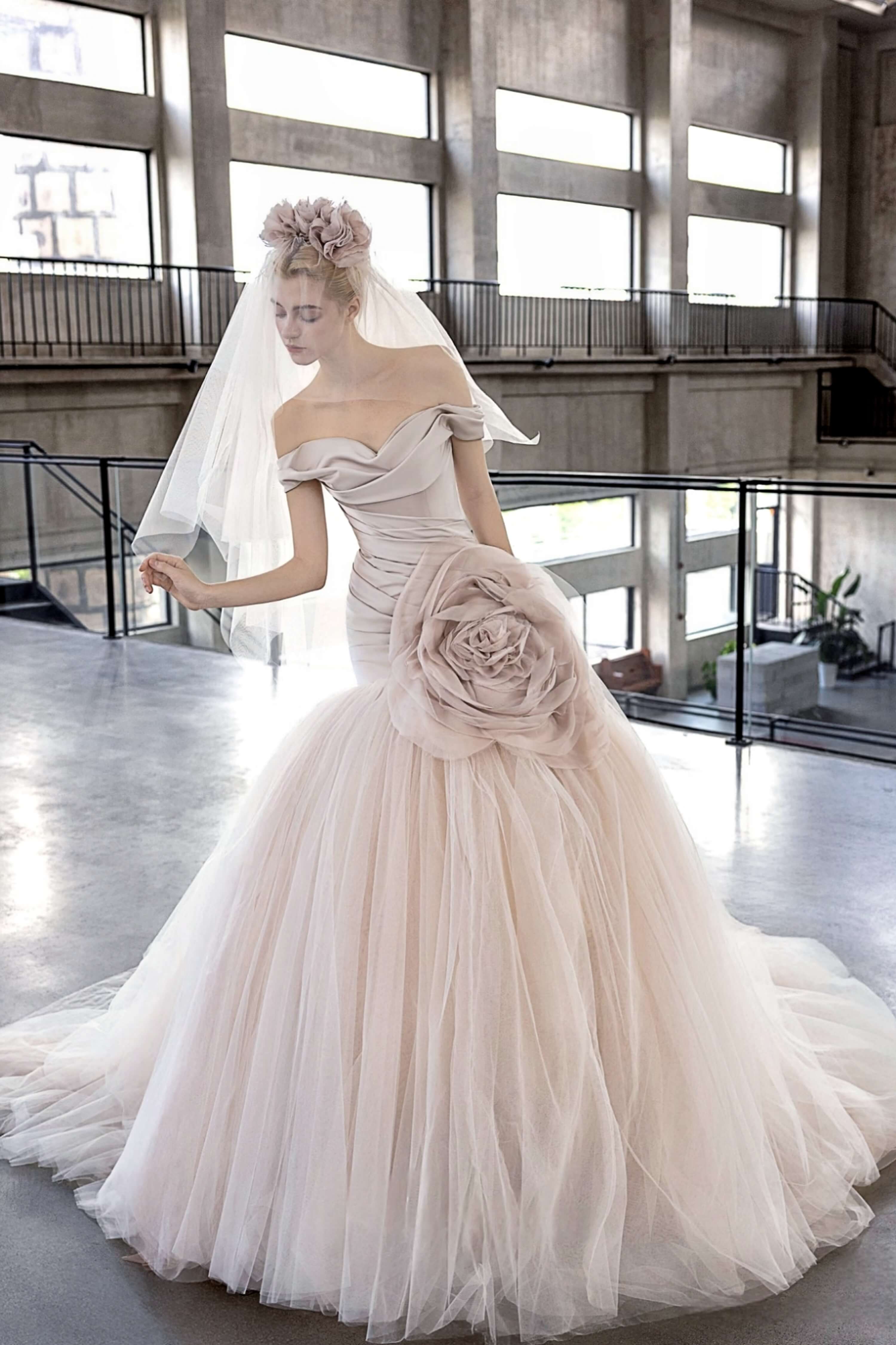 Off-Shoulder Satin Mermaid Wedding Dress with Draped Pleats-AND Bride