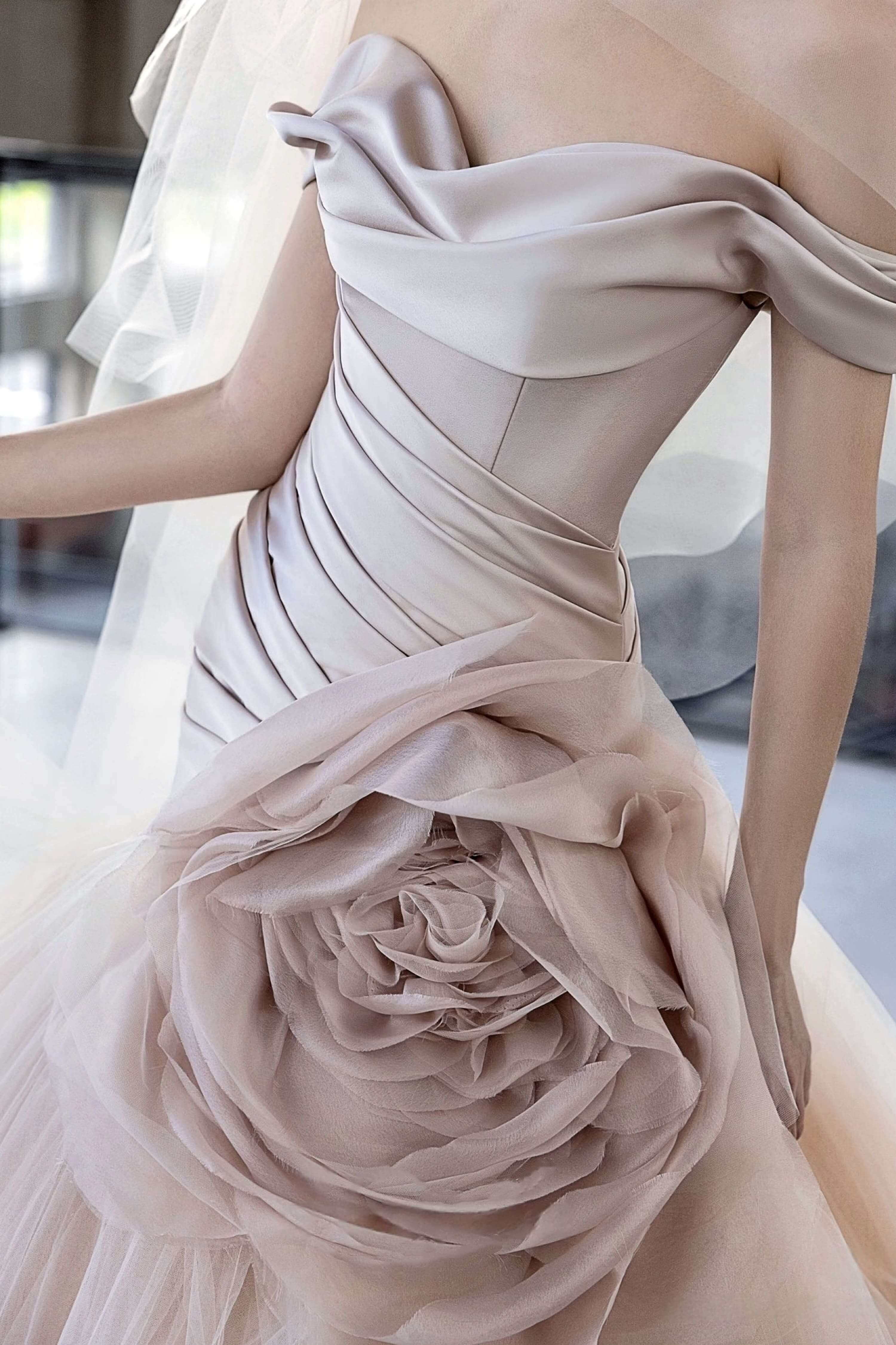 Off-Shoulder Satin Mermaid Wedding Dress with Draped Pleats-AND Bride