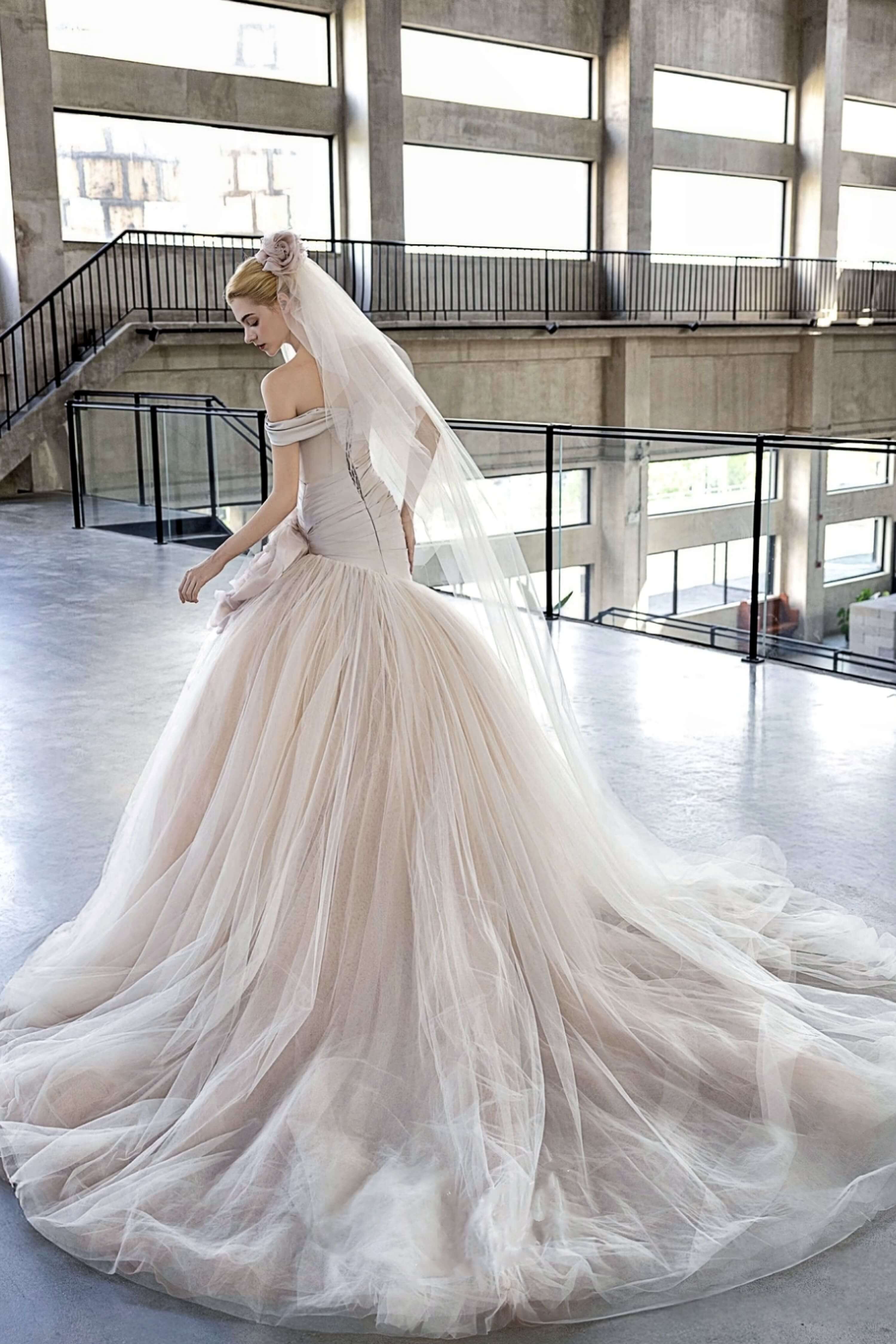 Off-Shoulder Satin Mermaid Wedding Dress with Draped Pleats-AND Bride