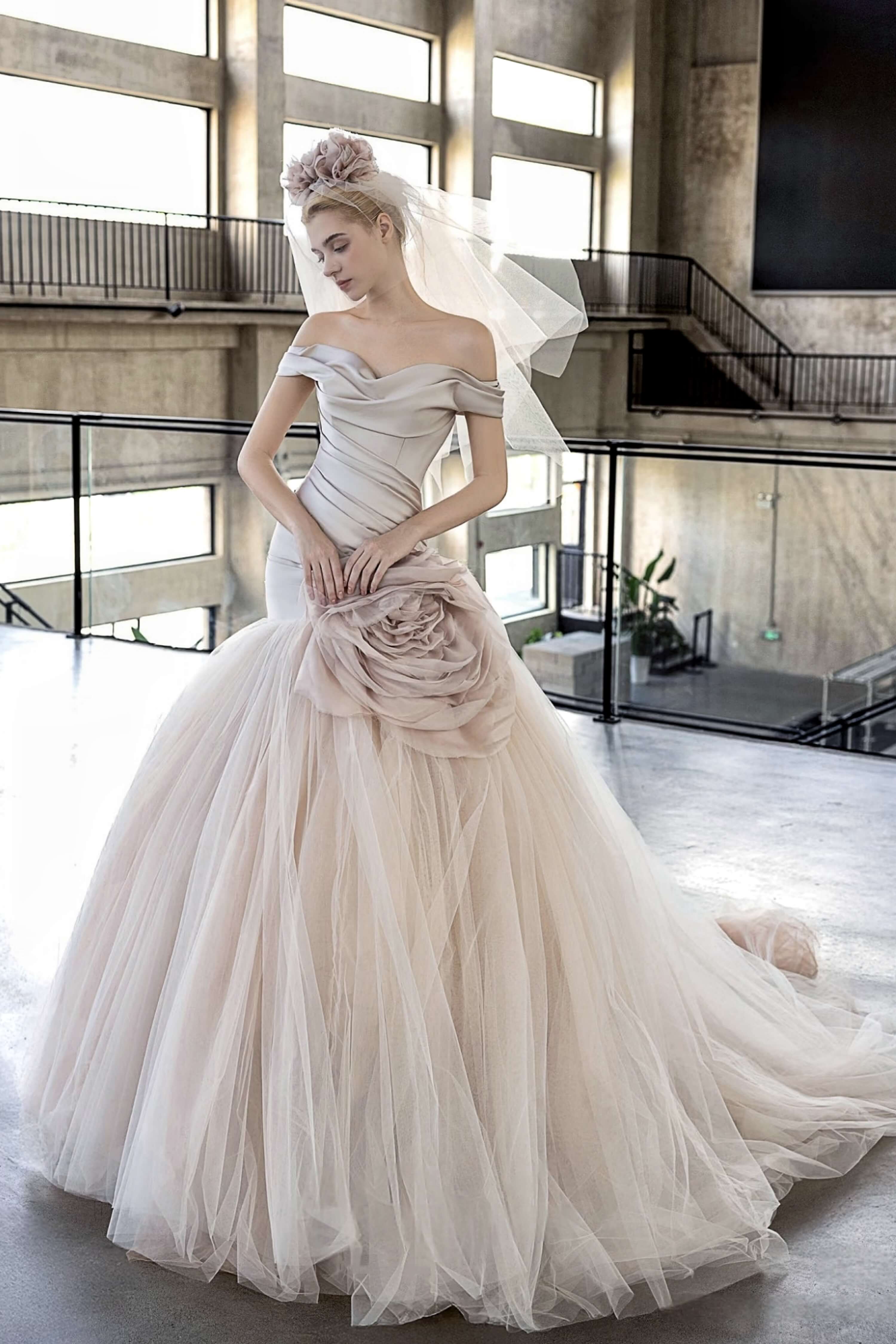 Off-Shoulder Satin Mermaid Wedding Dress with Draped Pleats-AND Bride