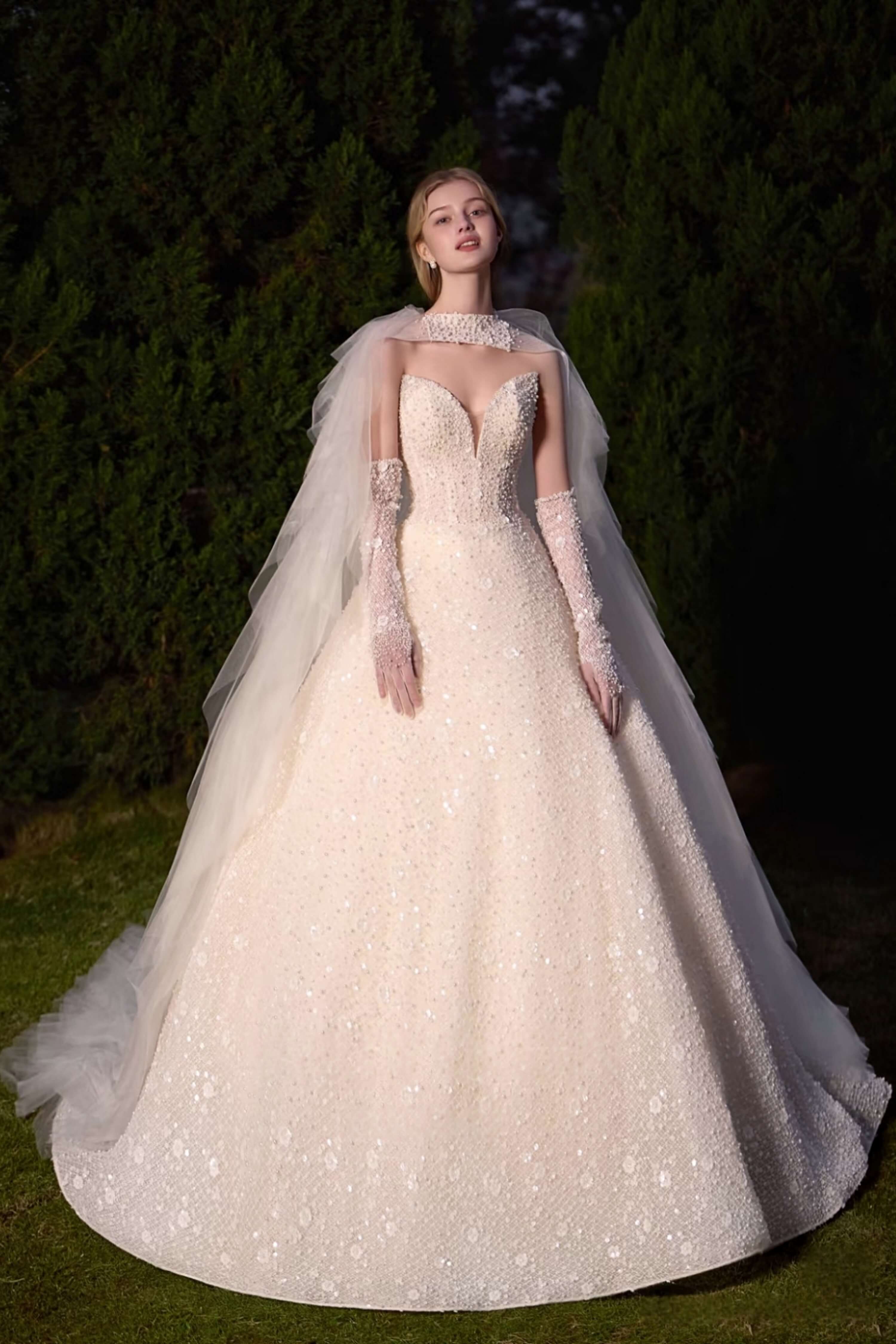 Sequin Floral Ball Gown Wedding Dress with Detachable Cape-AND Bride