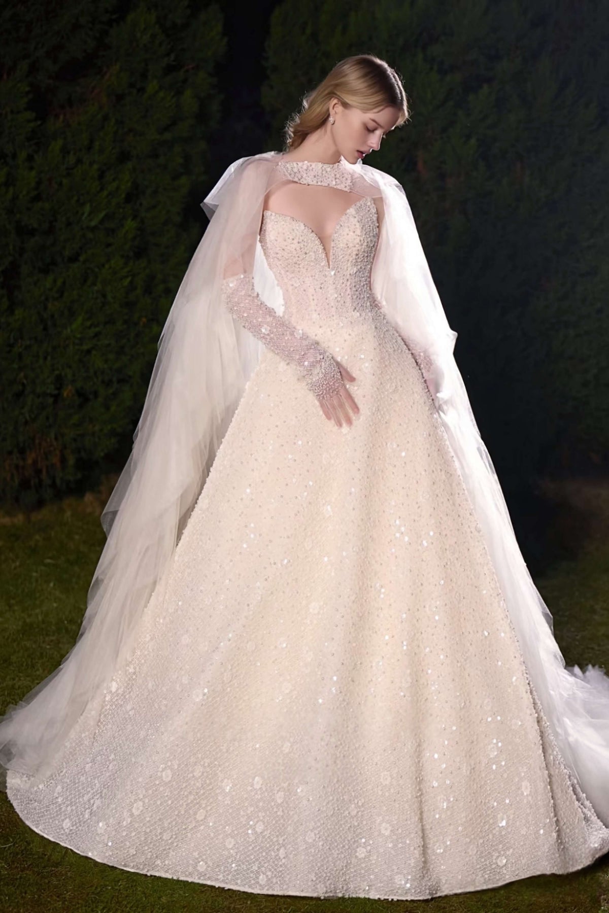 Sequin Floral Ball Gown Wedding Dress with Detachable Cape-AND Bride