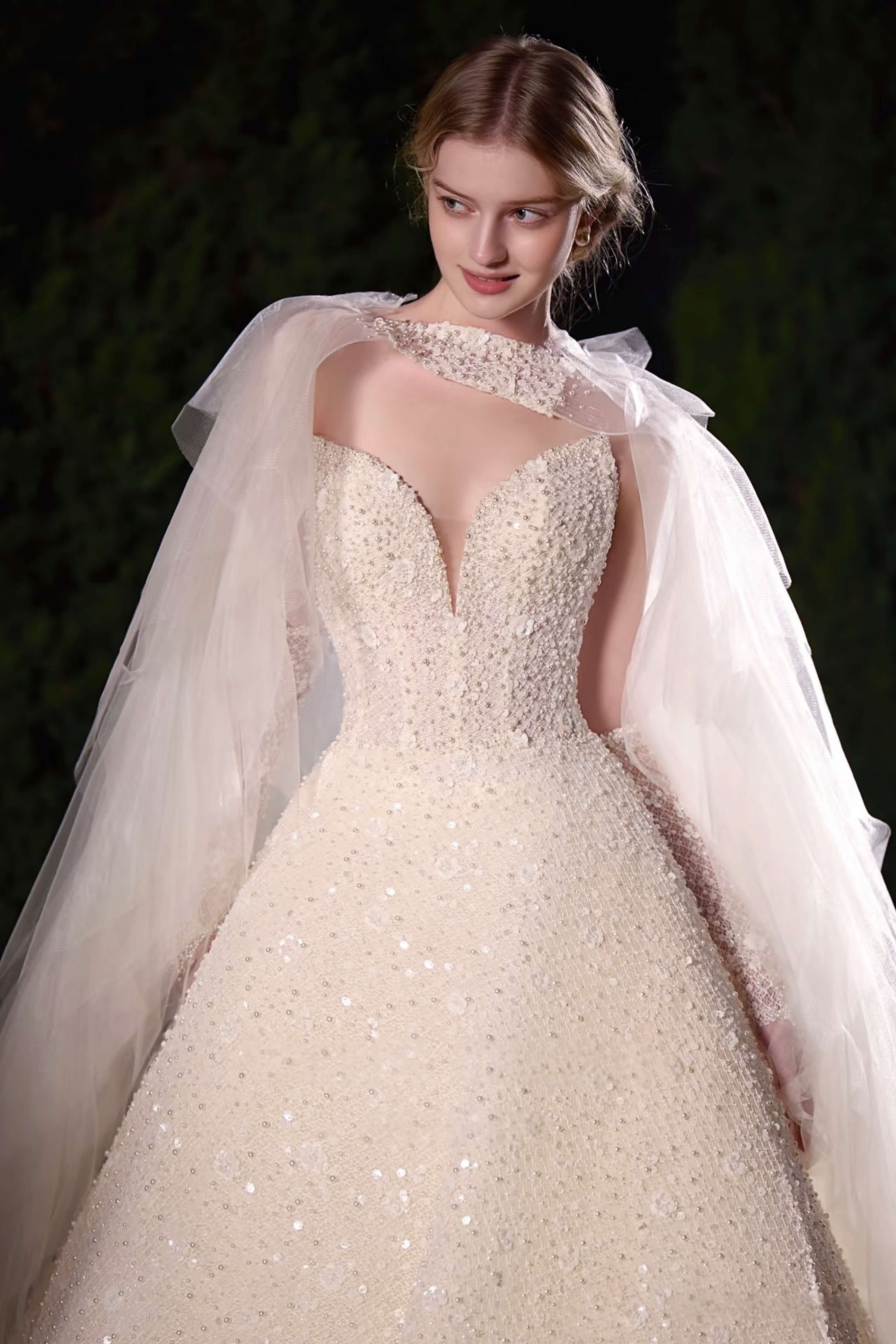Sequin Floral Ball Gown Wedding Dress with Detachable Cape-AND Bride