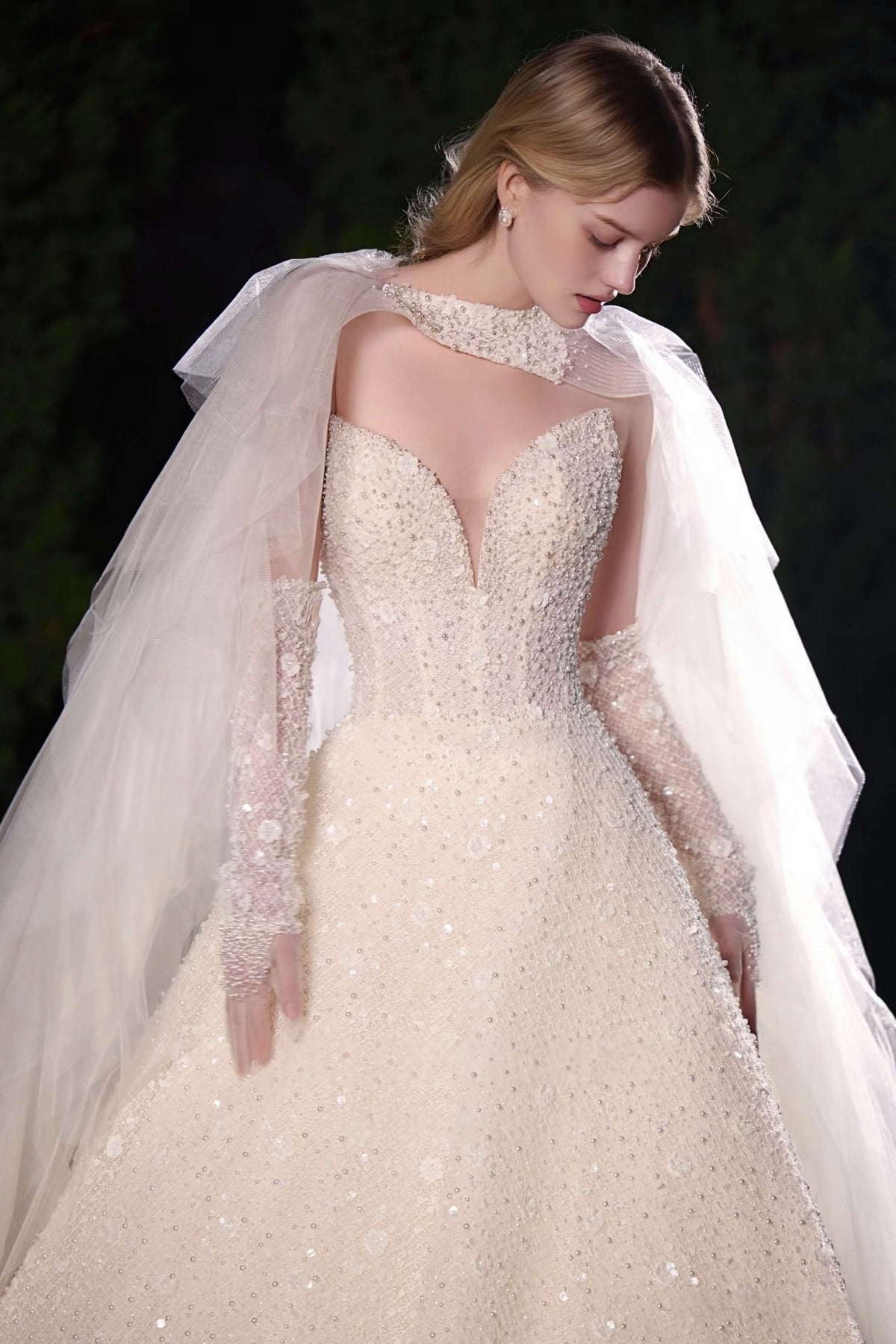 Sequin Floral Ball Gown Wedding Dress with Detachable Cape-AND Bride