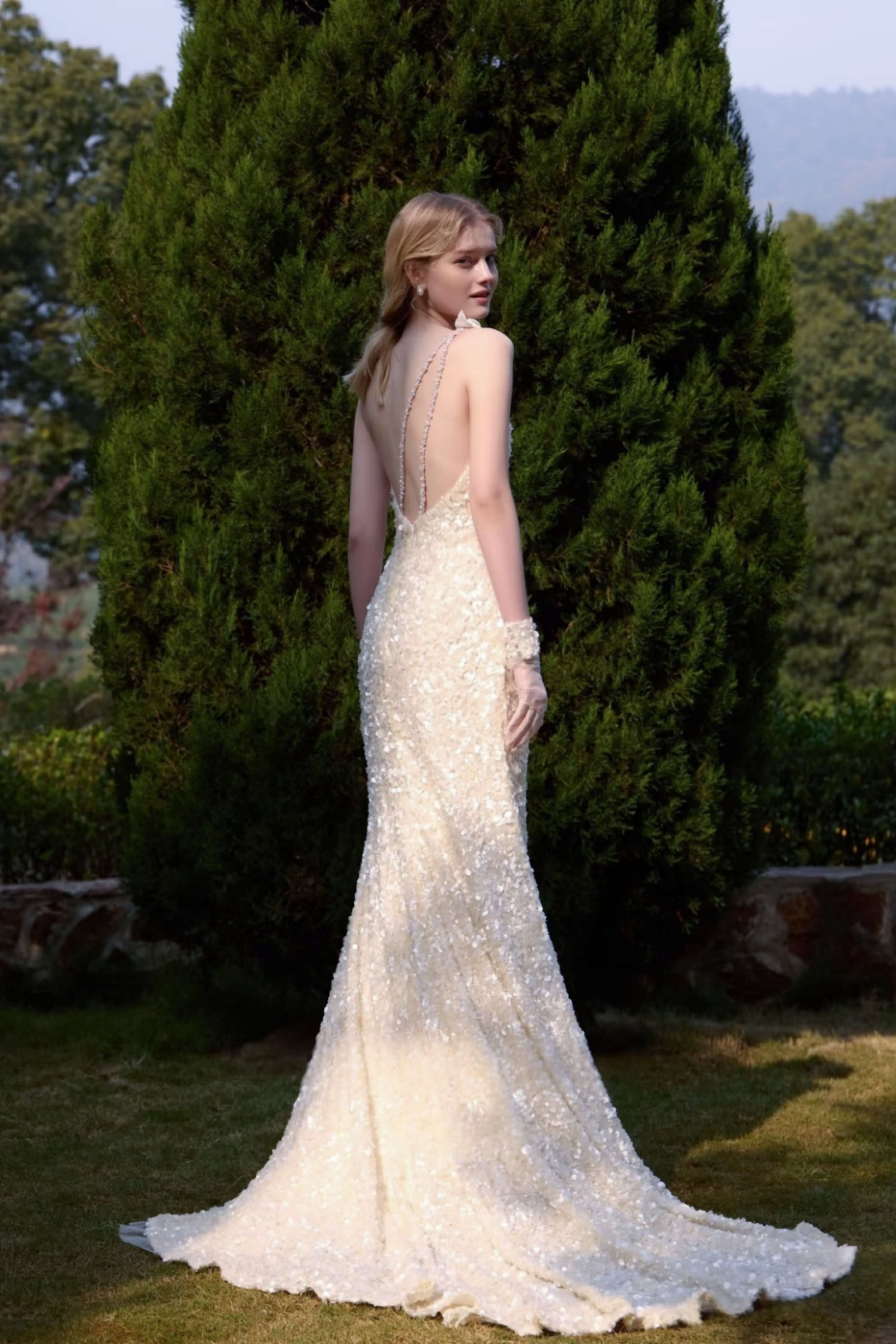 Floral Lace Sequin Mermaid Wedding Dress Handmade-AND Bride