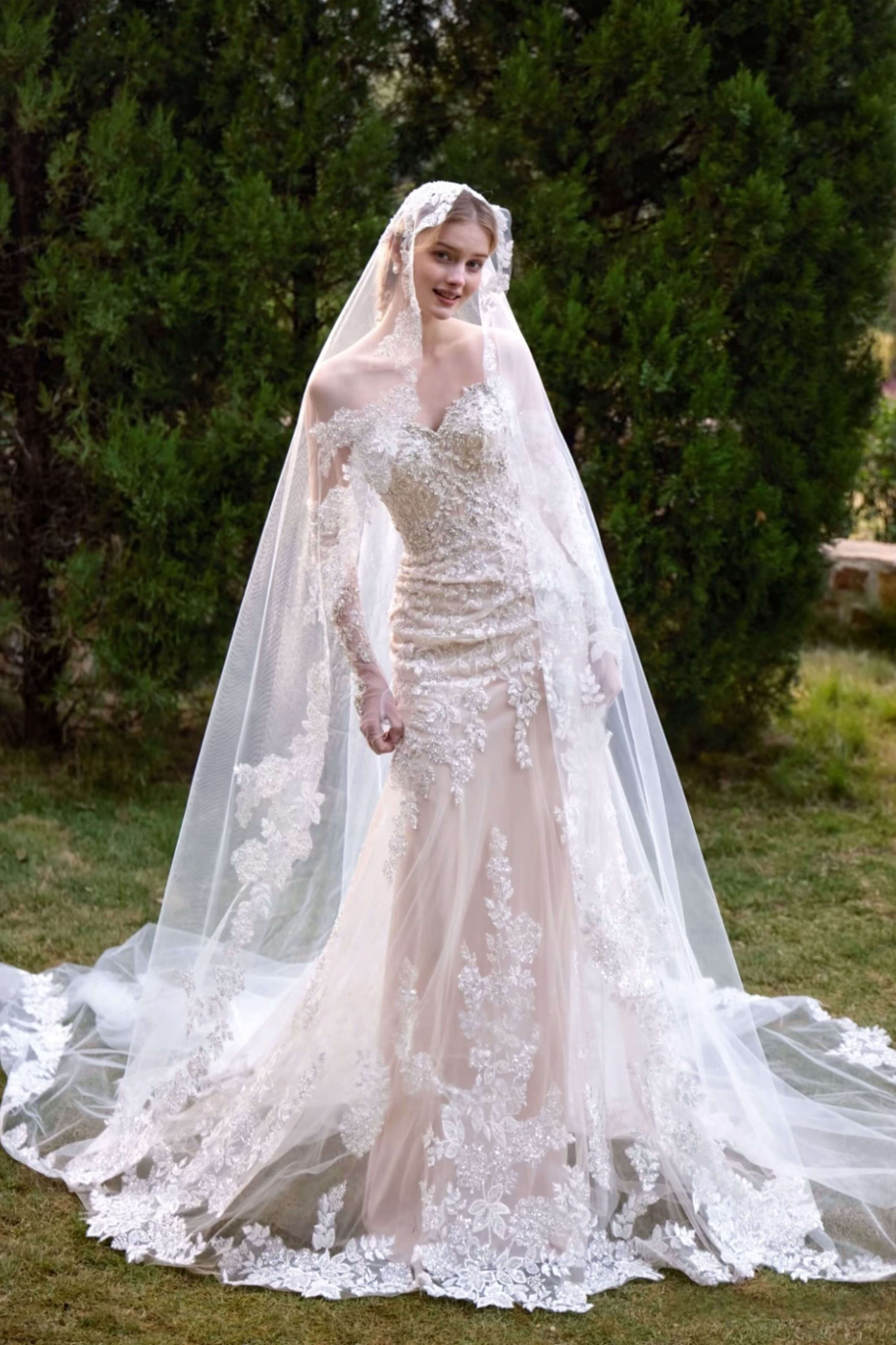 Beaded Lace Mermaid Wedding Dress with Cathedral Train-AND Bride
