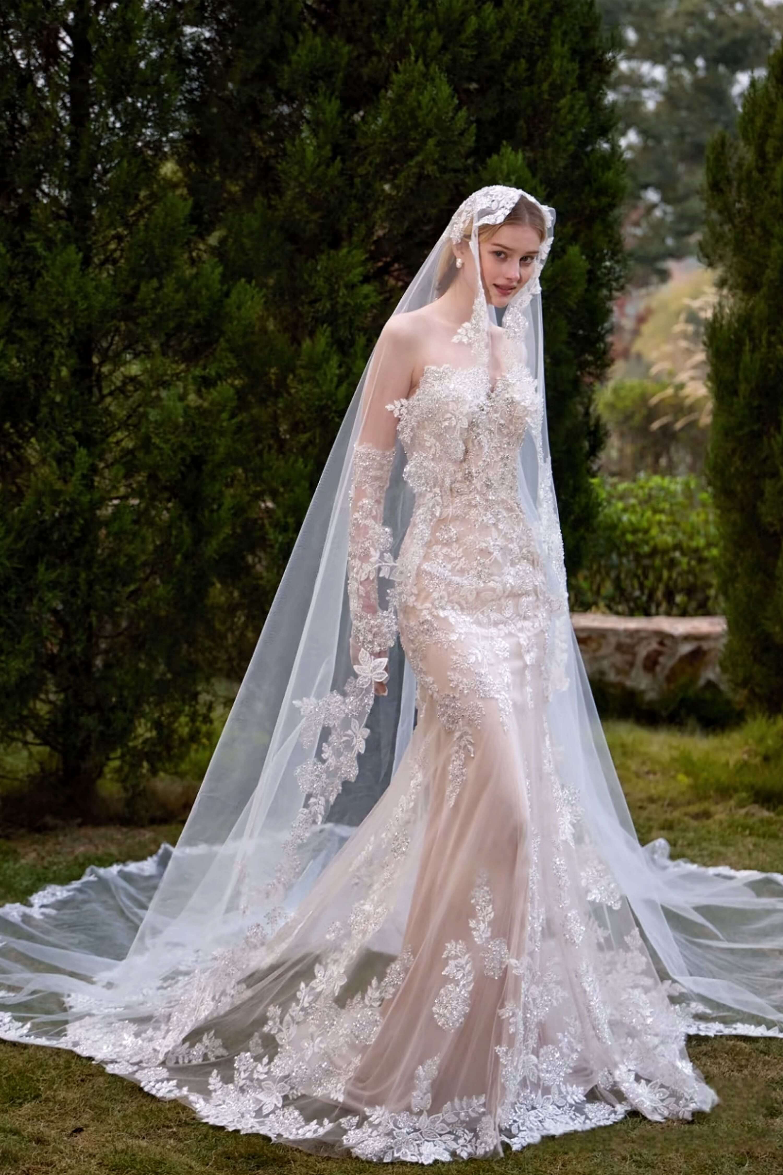 Beaded Lace Mermaid Wedding Dress with Cathedral Train-AND Bride