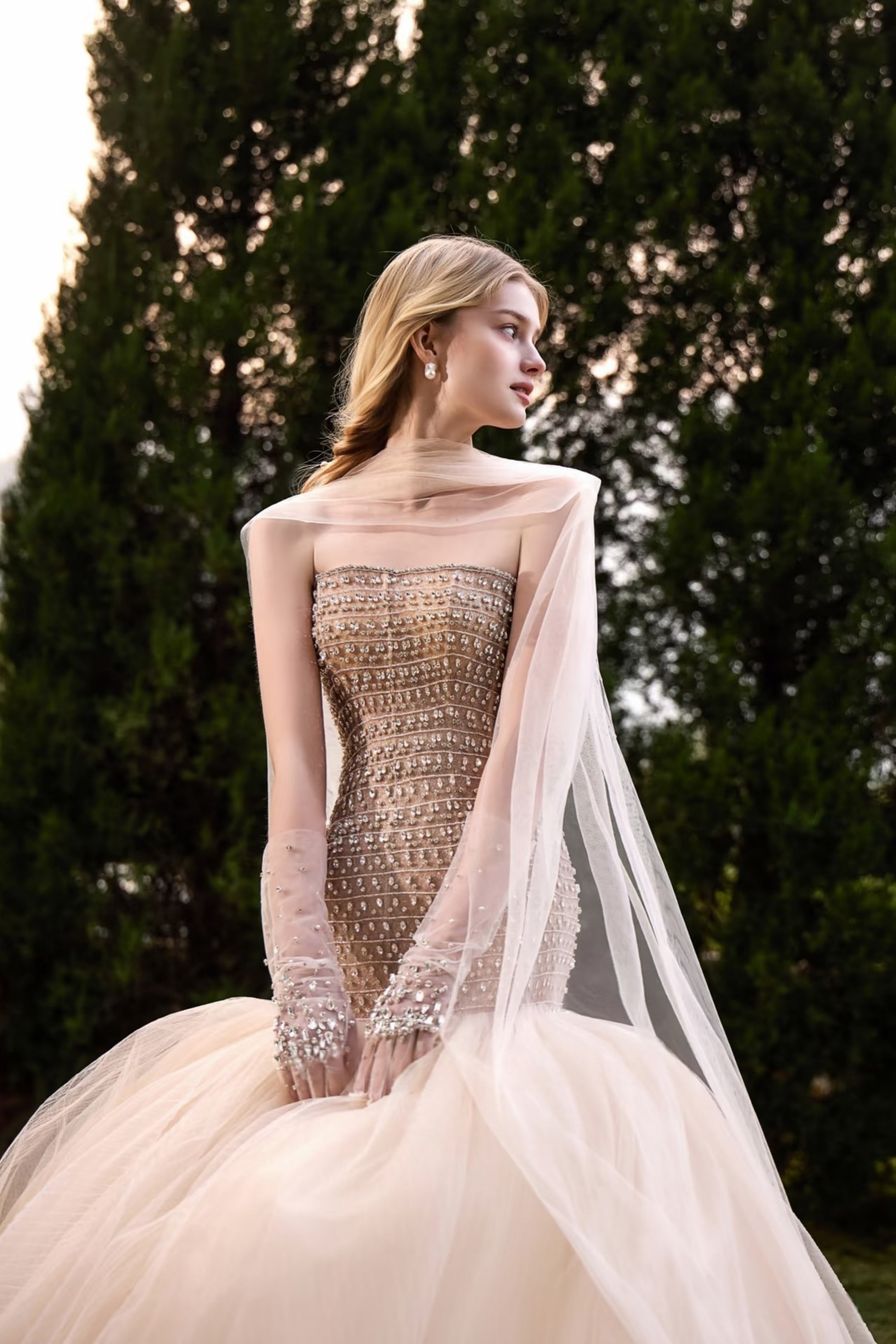 Luxury Champagne stunning strapless mermaid wedding gown with gloves LVB2746