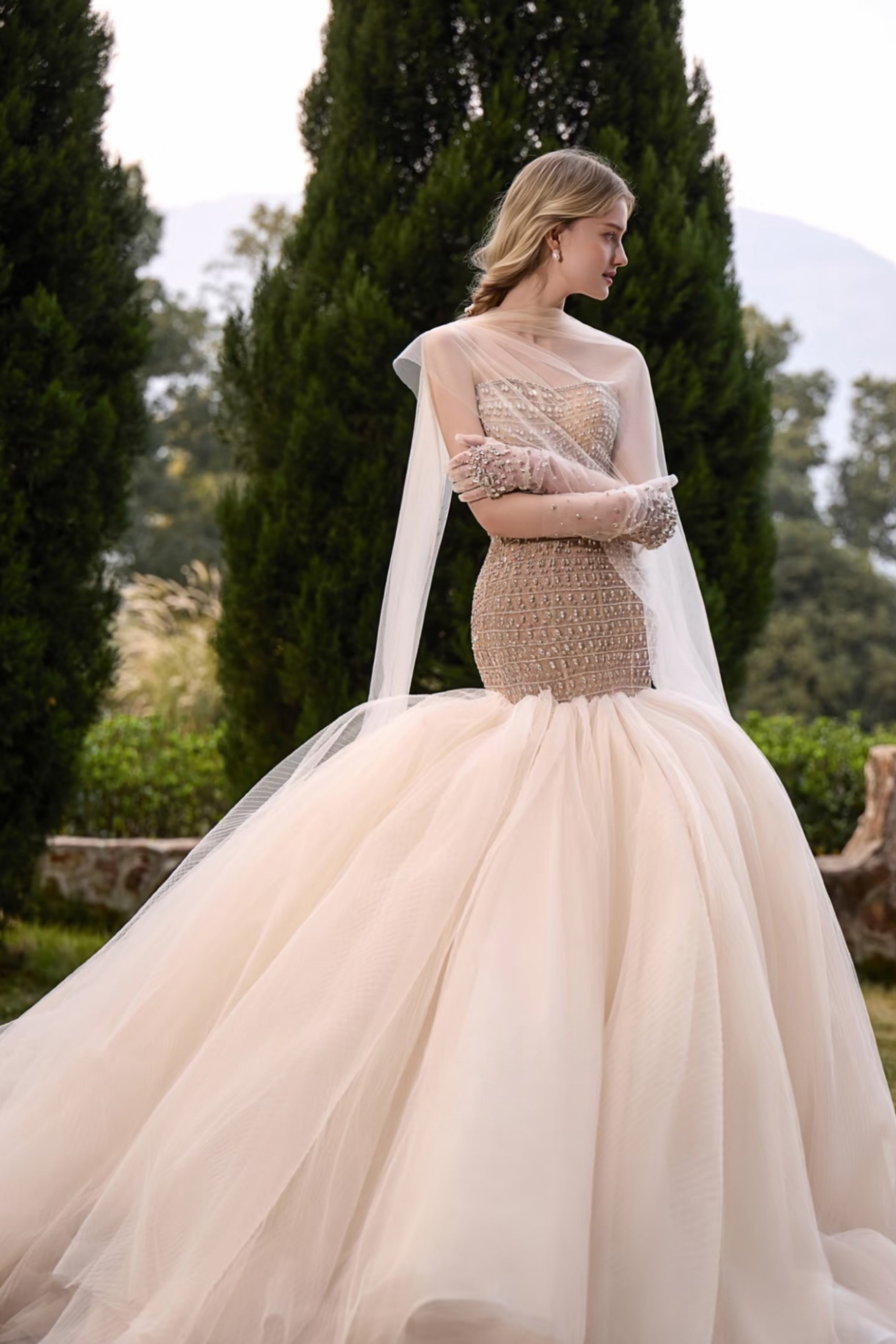 Luxury Champagne stunning strapless mermaid wedding gown with gloves LVB2746