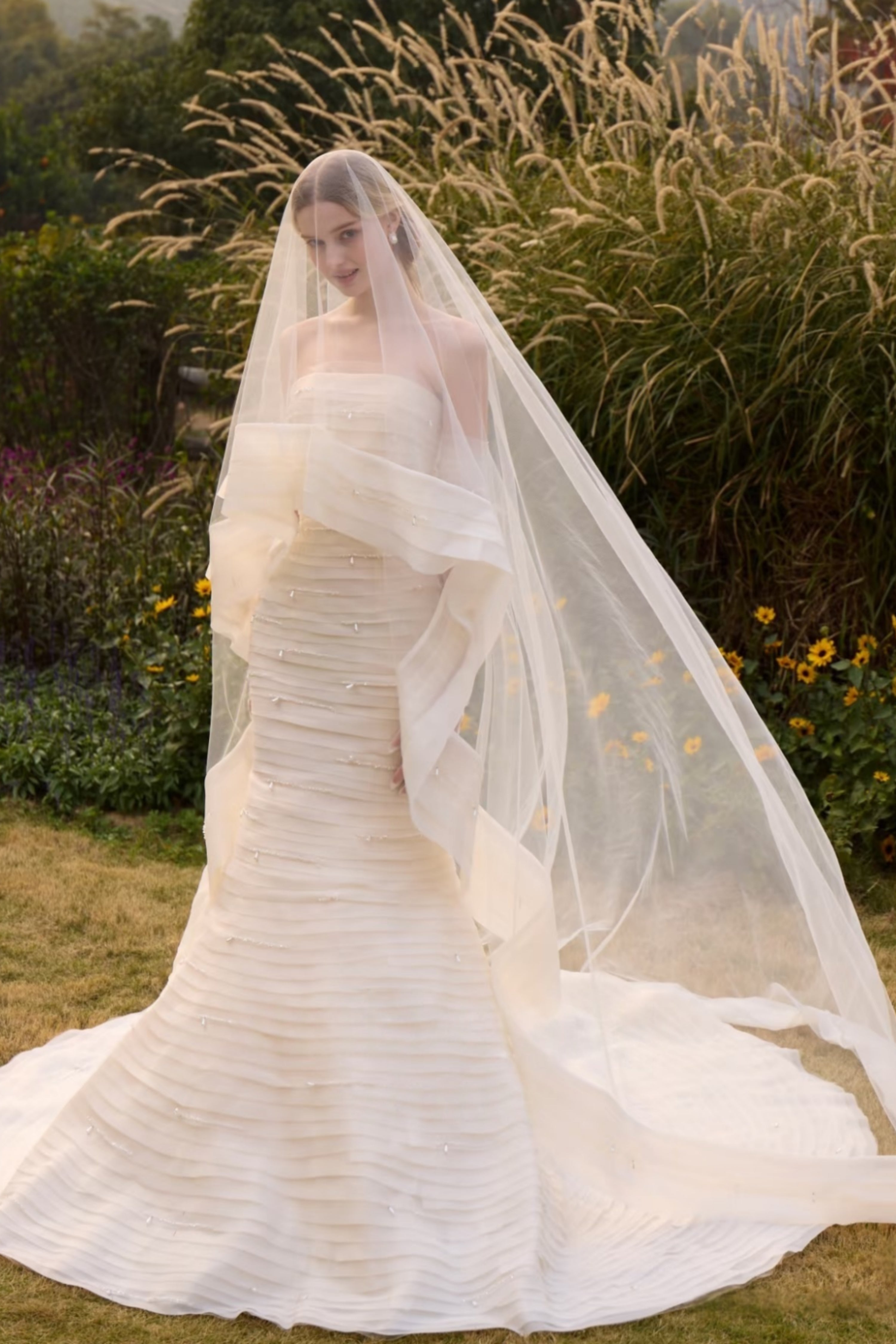 Elegant strapless tiered mermaid wedding gown with veil and gloves LVB2747