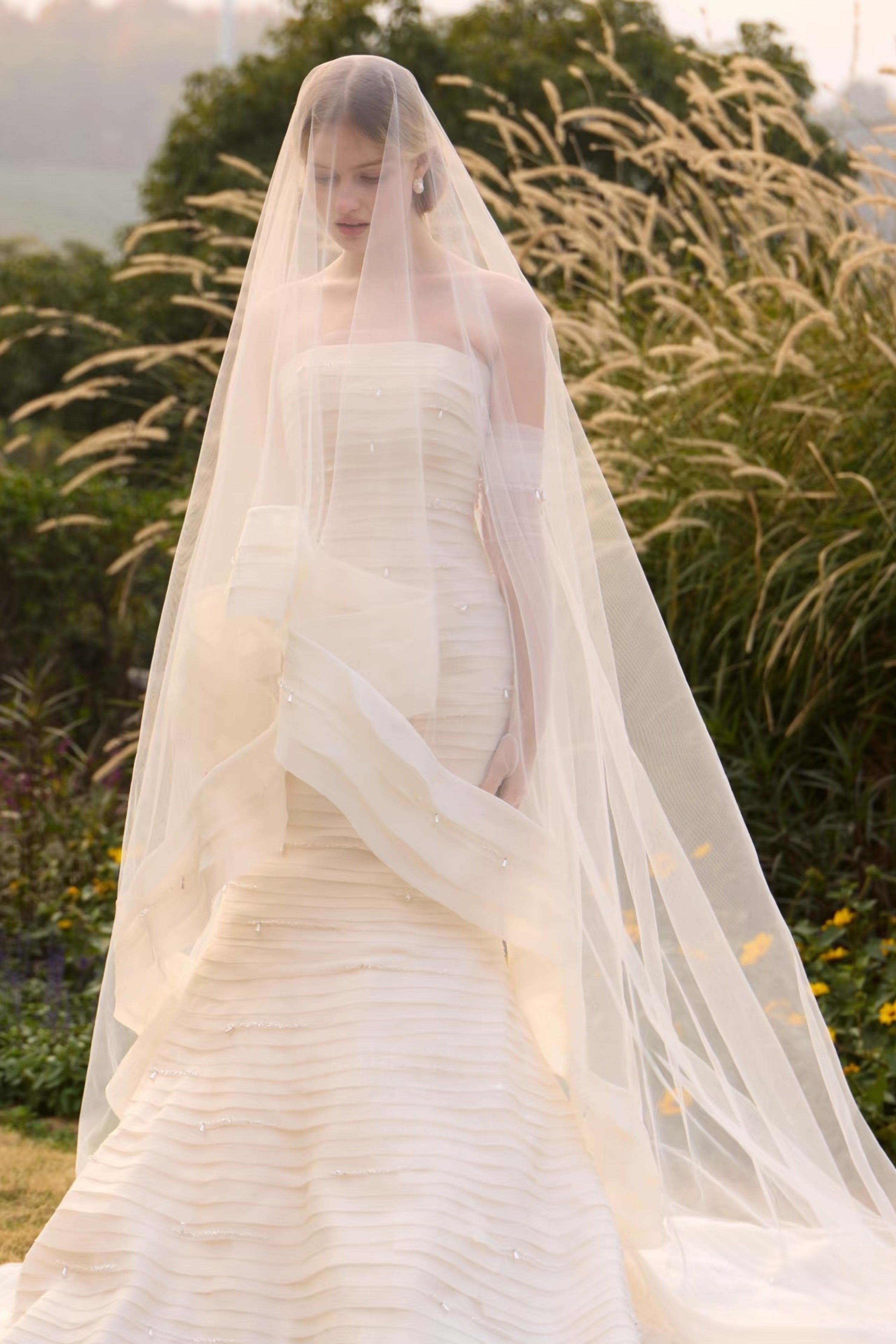 Elegant strapless tiered mermaid wedding gown with veil and gloves LVB2747