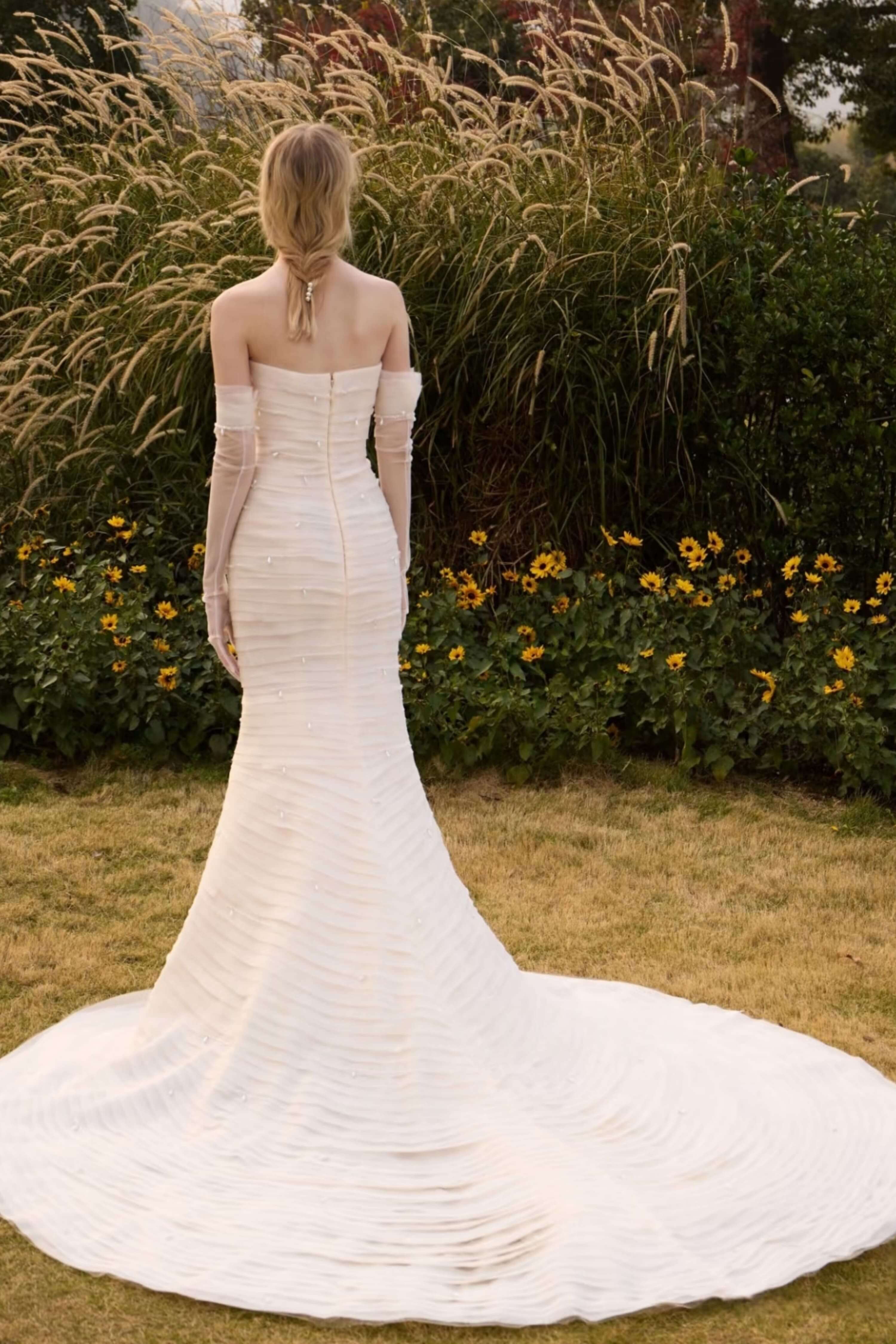Tiered Mermaid Wedding Dress with Veil and Gloves-AND Bride
