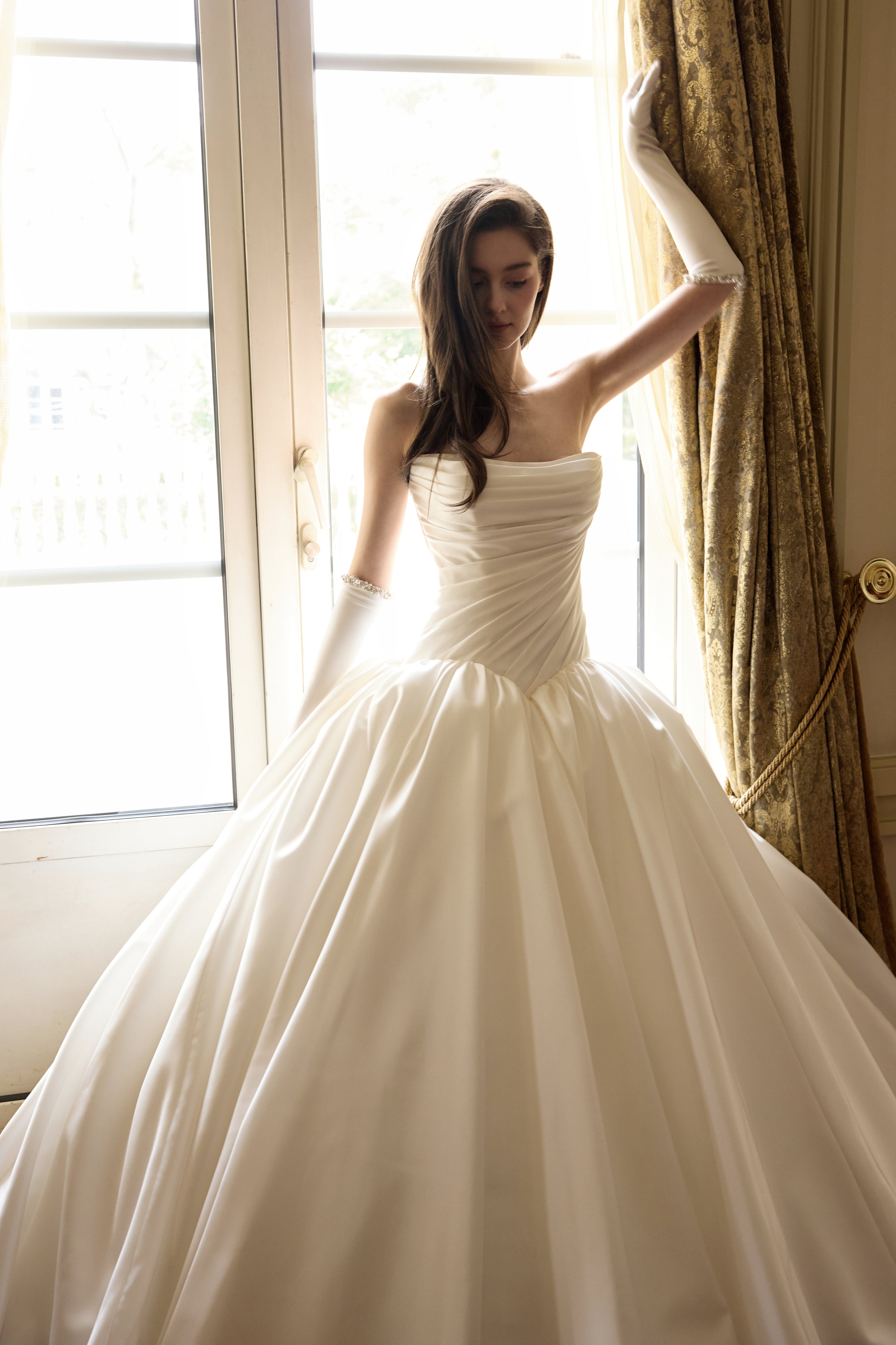 Pleated Satin Wedding Dress with Full Skirt – Understated Elegance LVB2750