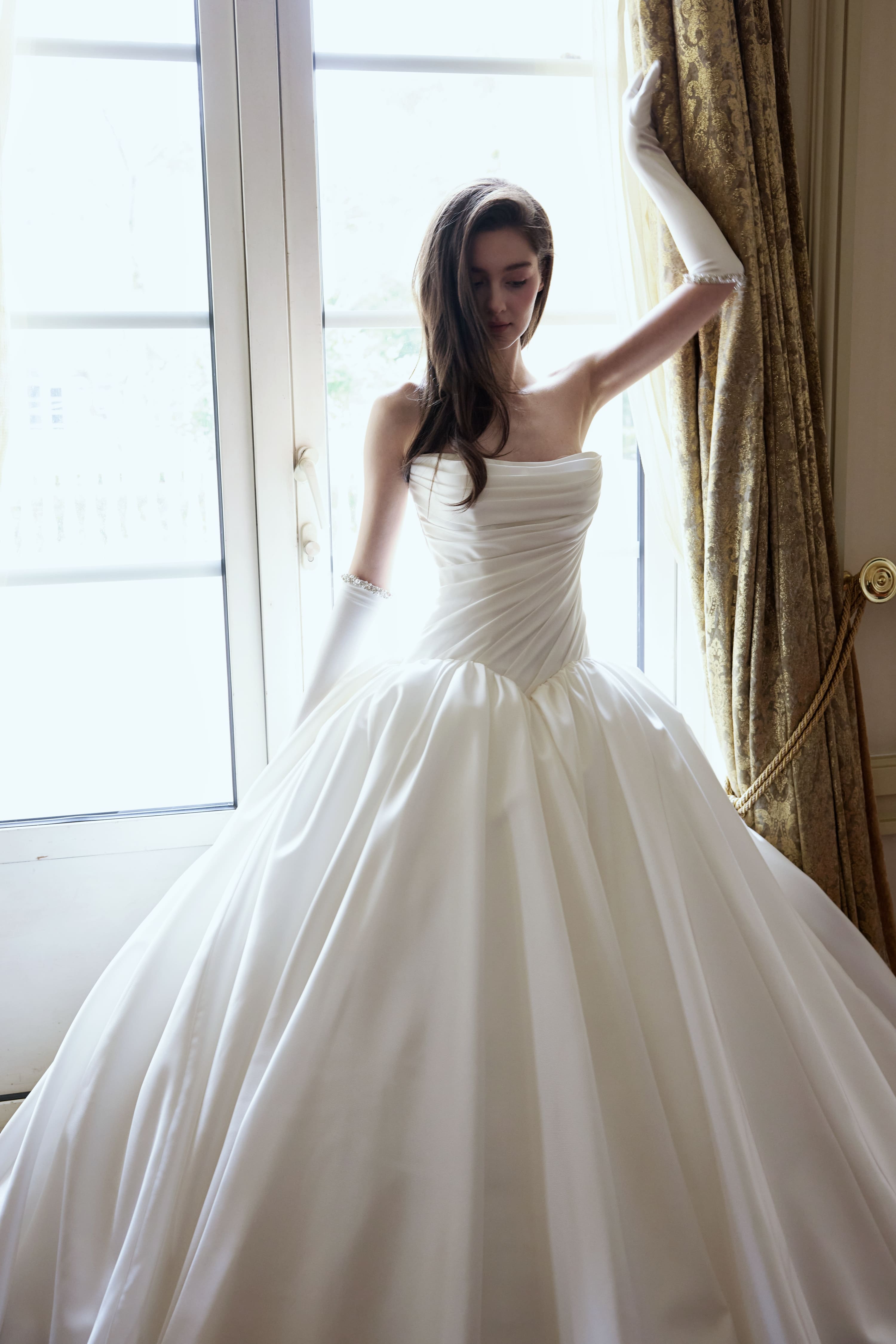 Pleated Satin Wedding Dress with Full Skirt – Understated Elegance LVB2750