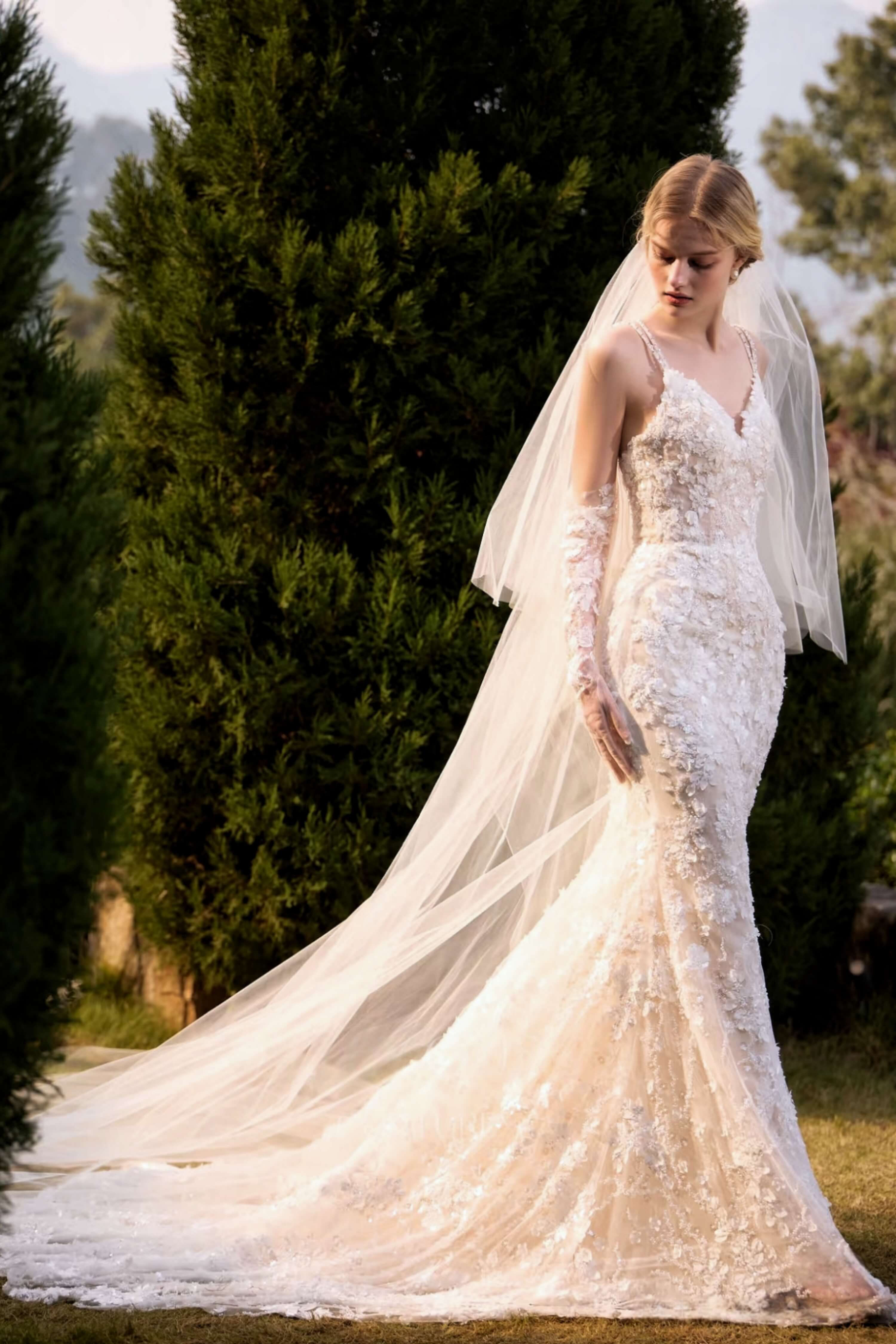 Plunging V-Neck Beaded Mermaid Wedding Dress with Long Train-AND Bride