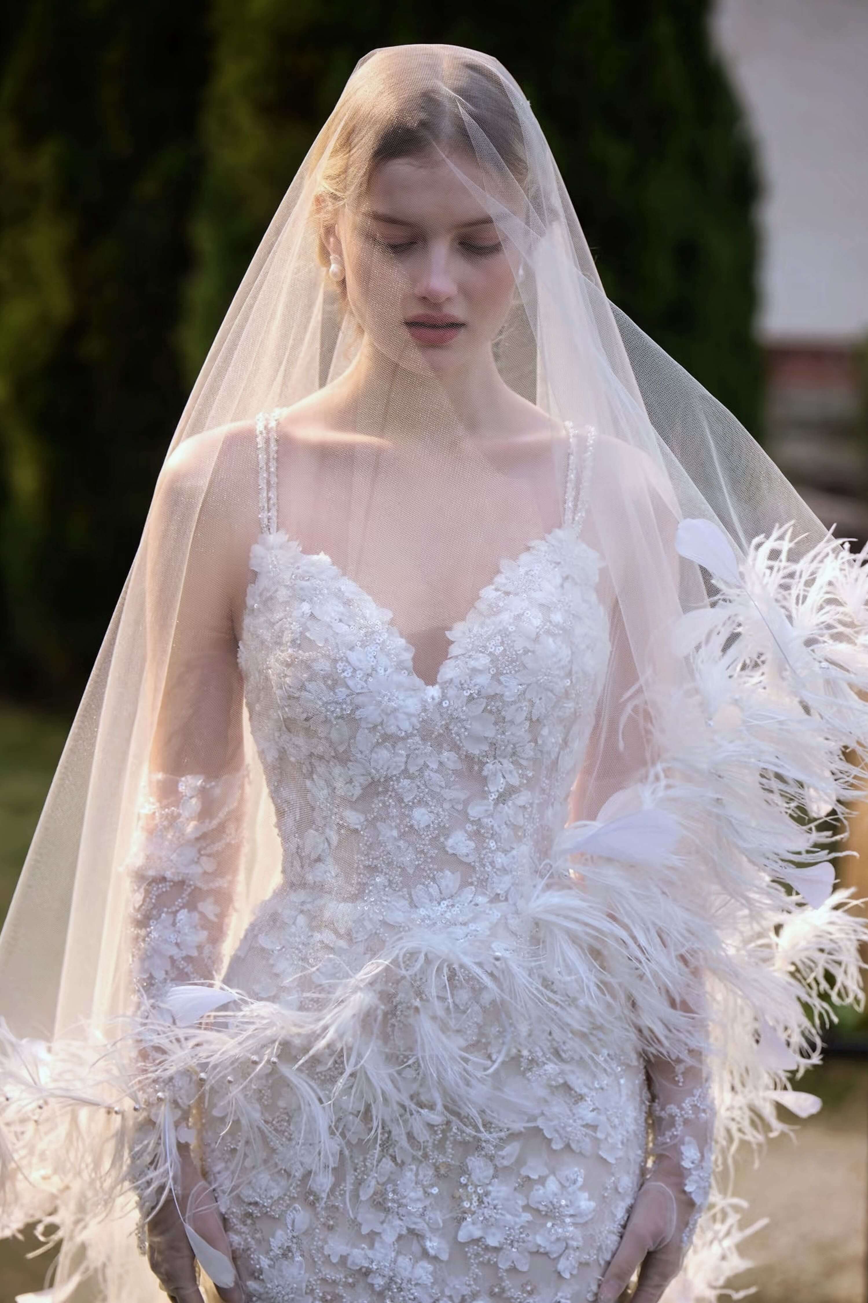 Plunging V-Neck Beaded Mermaid Wedding Dress with Long Train-AND Bride
