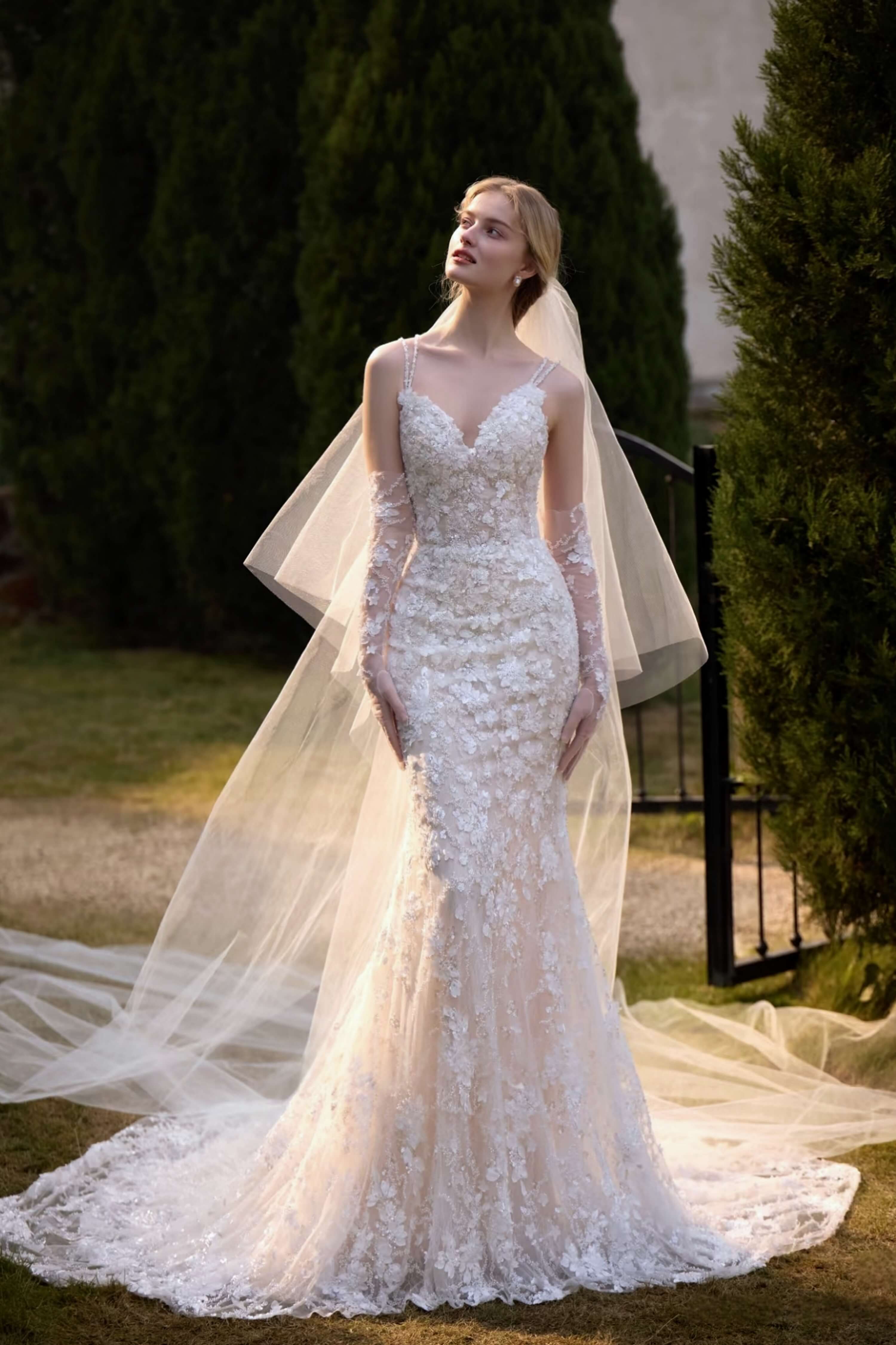 Plunging V-Neck Beaded Mermaid Wedding Dress with Long Train-AND Bride