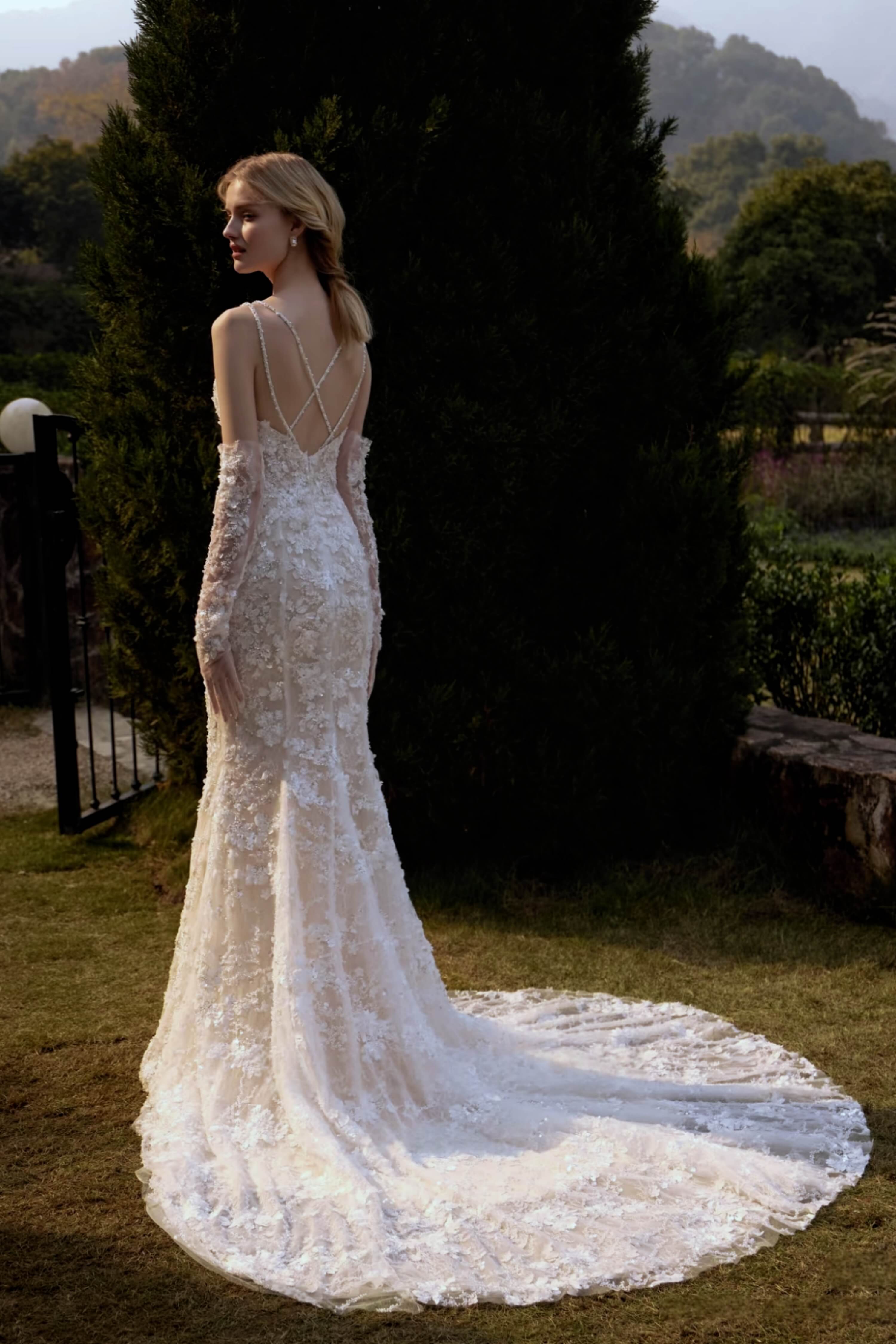 Plunging V-Neck Beaded Mermaid Wedding Dress with Long Train-AND Bride