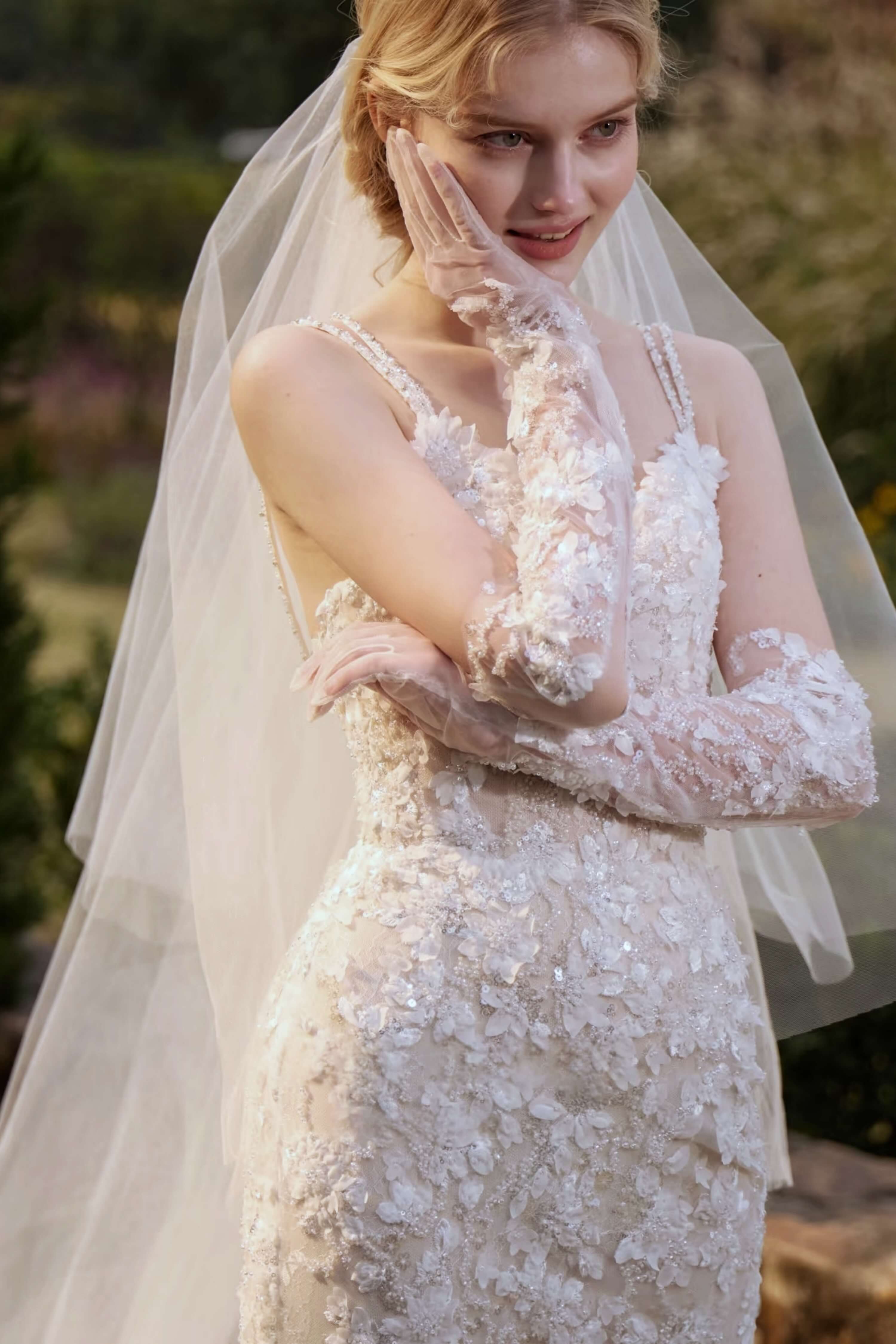 Plunging V-Neck Beaded Mermaid Wedding Dress with Long Train-AND Bride