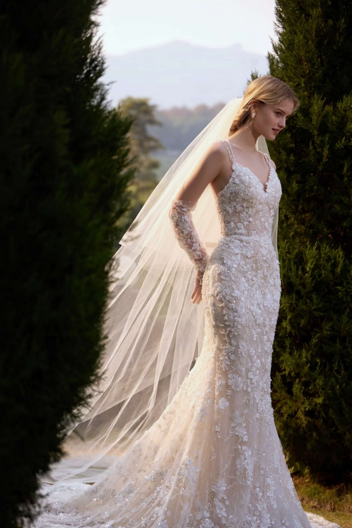 Plunging V-Neck Beaded Mermaid Wedding Dress with Long Train-AND Bride