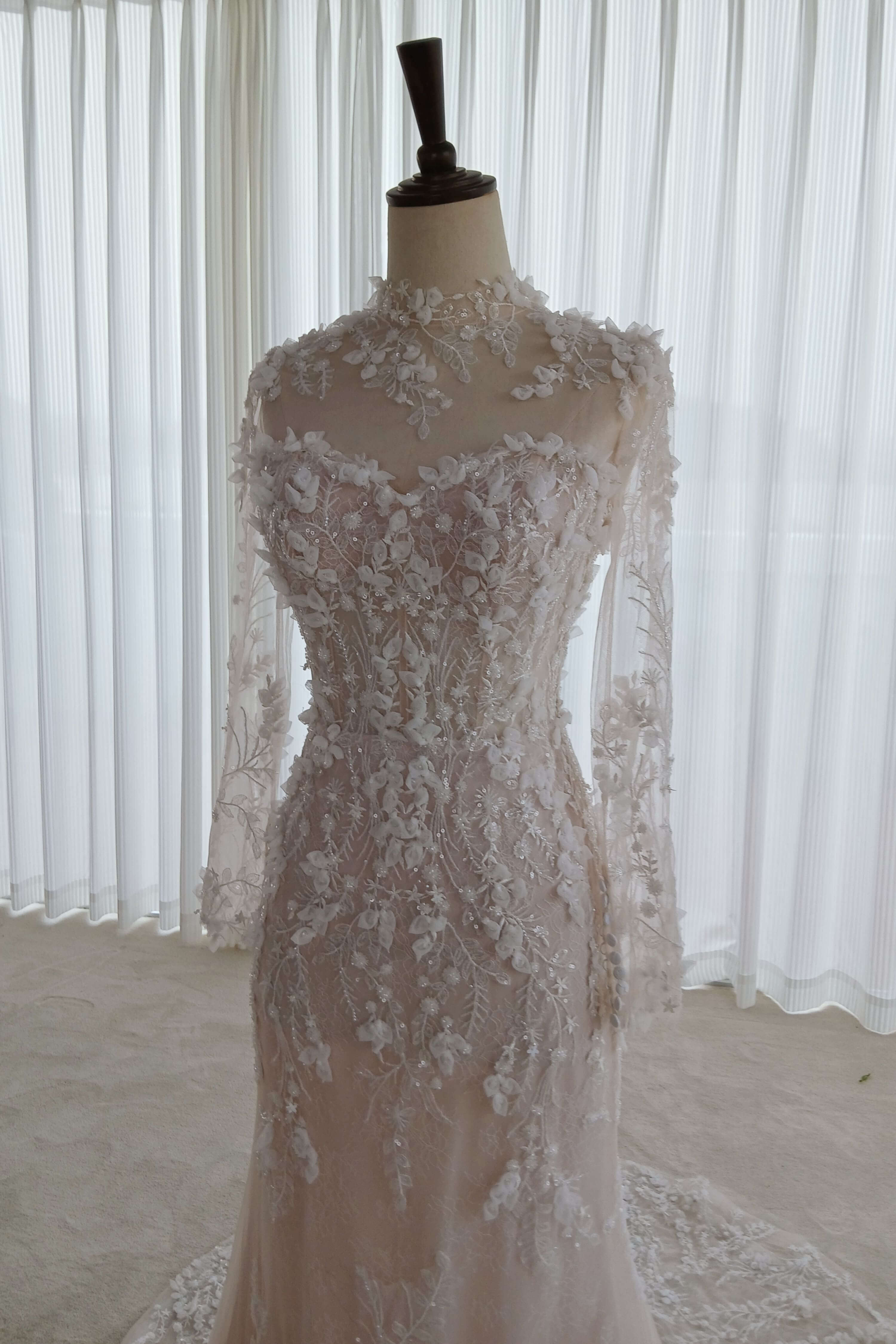 Floral Lace Mermaid Wedding Dress with Detachable Sleeves-AND Bride