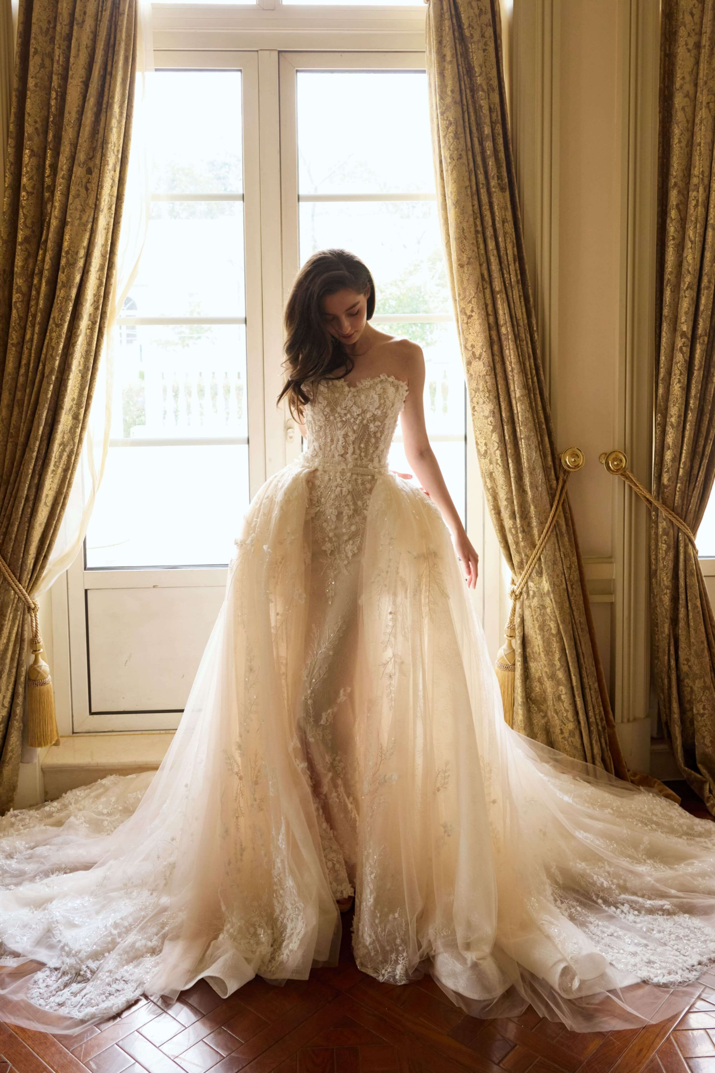 Floral Lace Mermaid Wedding Dress with Detachable Sleeves-AND Bride