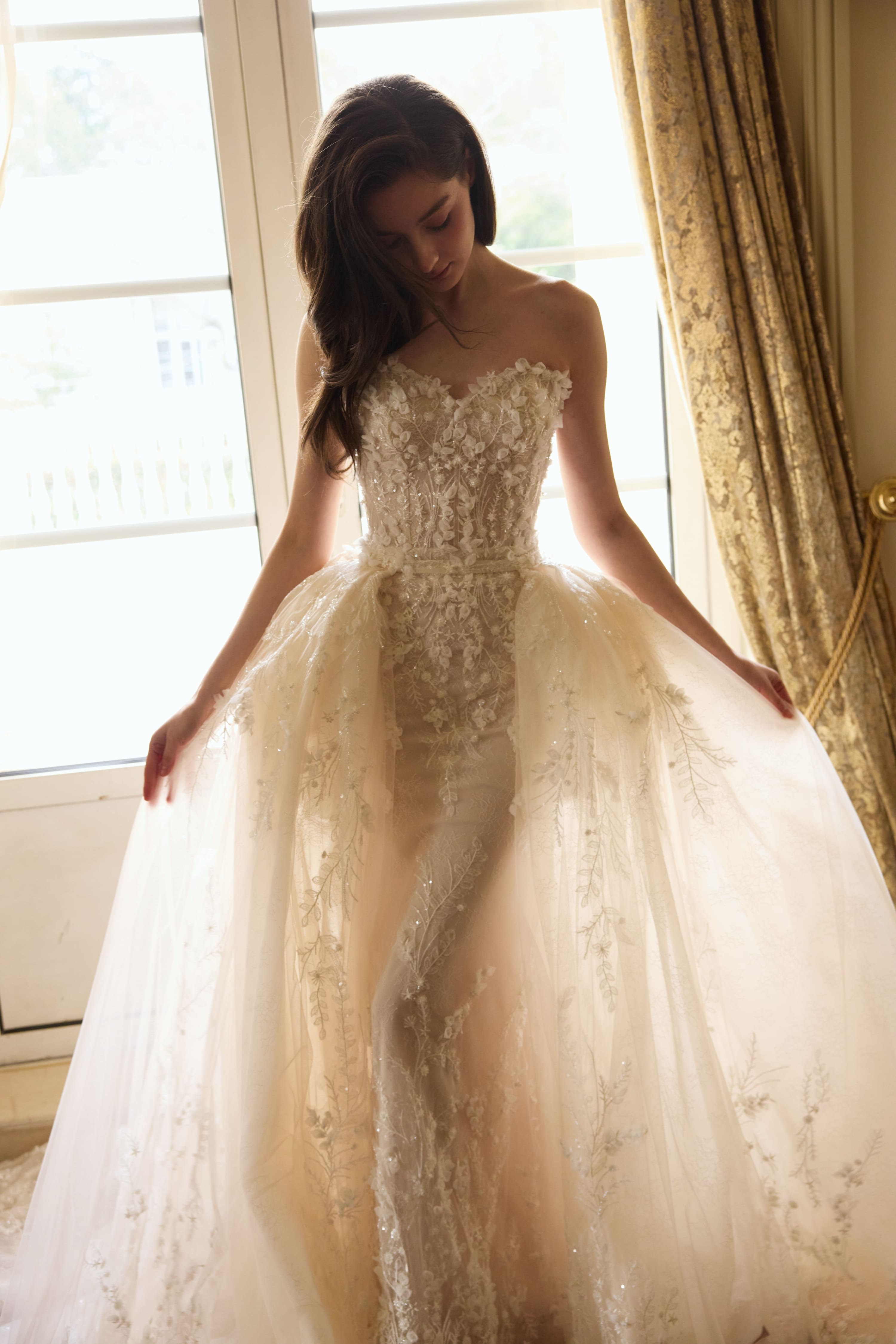 Floral Lace Mermaid Wedding Dress with Detachable Sleeves-AND Bride