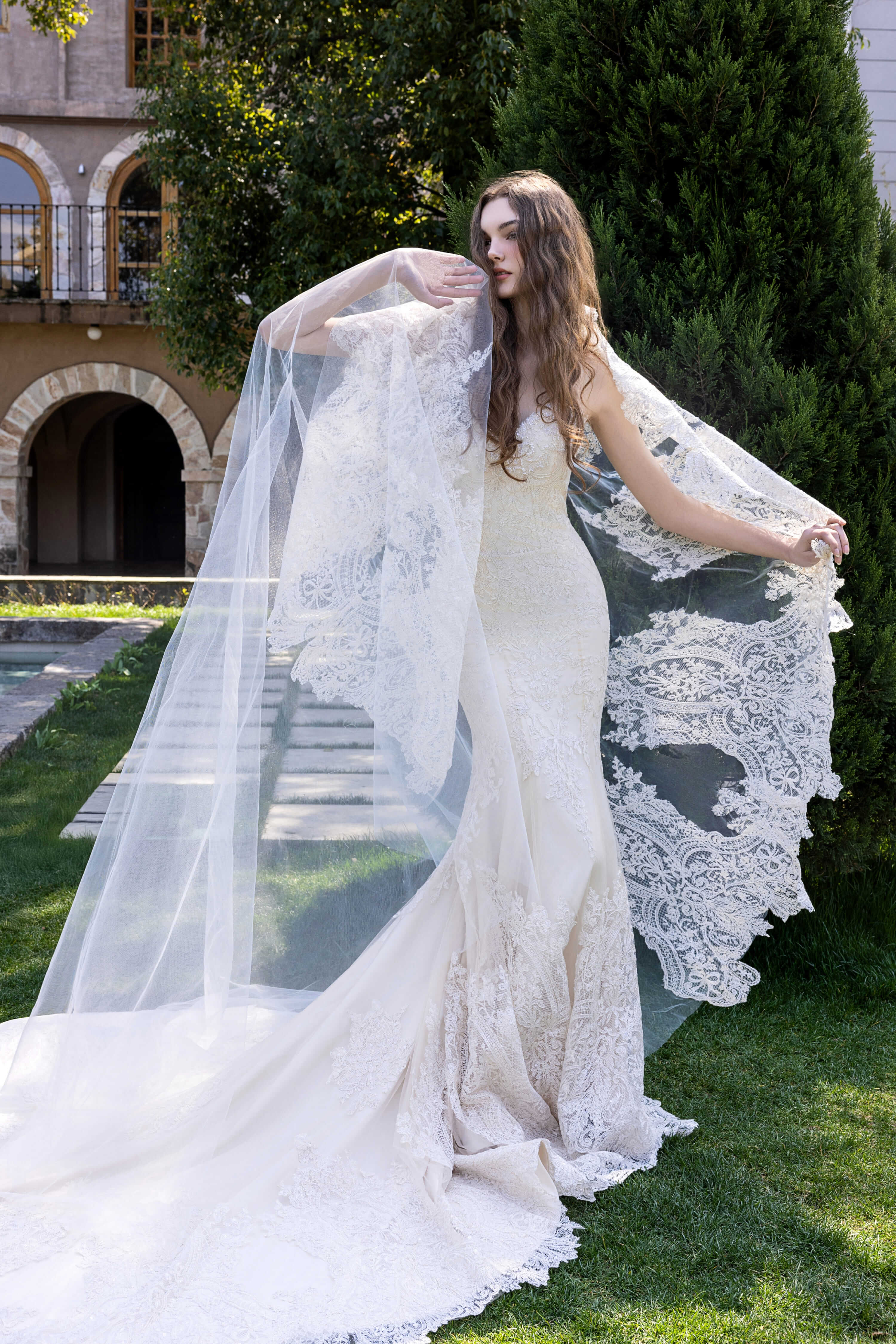Lace Mermaid Wedding Dress with Sweeping Train and Gloves-AND Bride