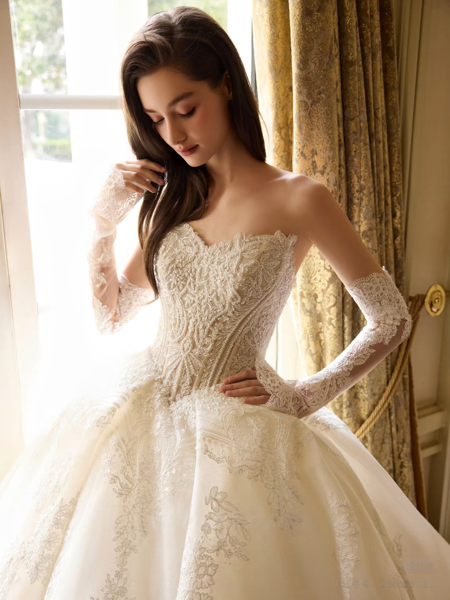 Royal Elowen - Ivory Champagne Heavy Lace Corset Cathedral Train Ball Gown WEDDING DRESS LVB2777