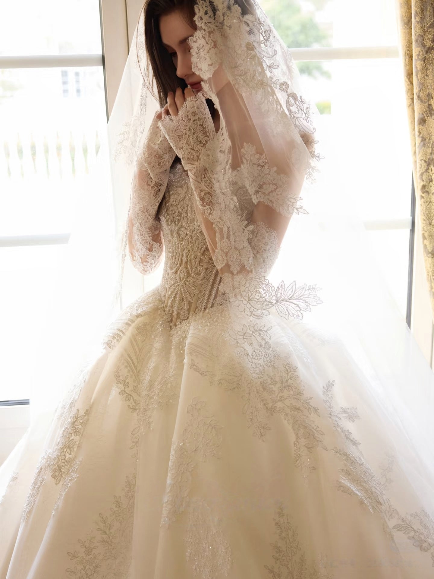 Royal Elowen - Ivory Champagne Heavy Lace Corset Cathedral Train Ball Gown WEDDING DRESS LVB2777