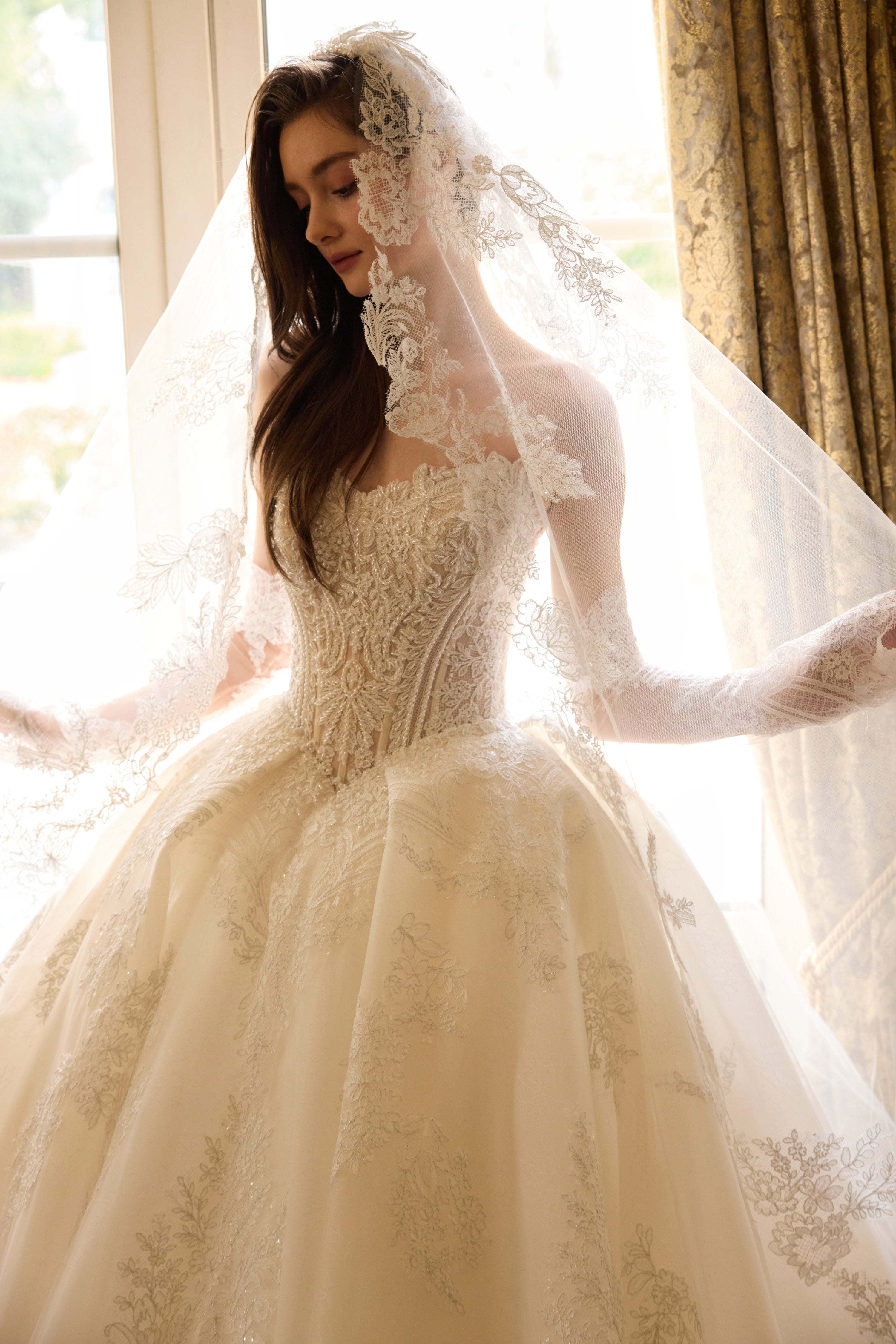 Royal Elowen - Ivory Champagne Heavy Lace Corset Cathedral Train Ball Gown WEDDING DRESS LVB2777