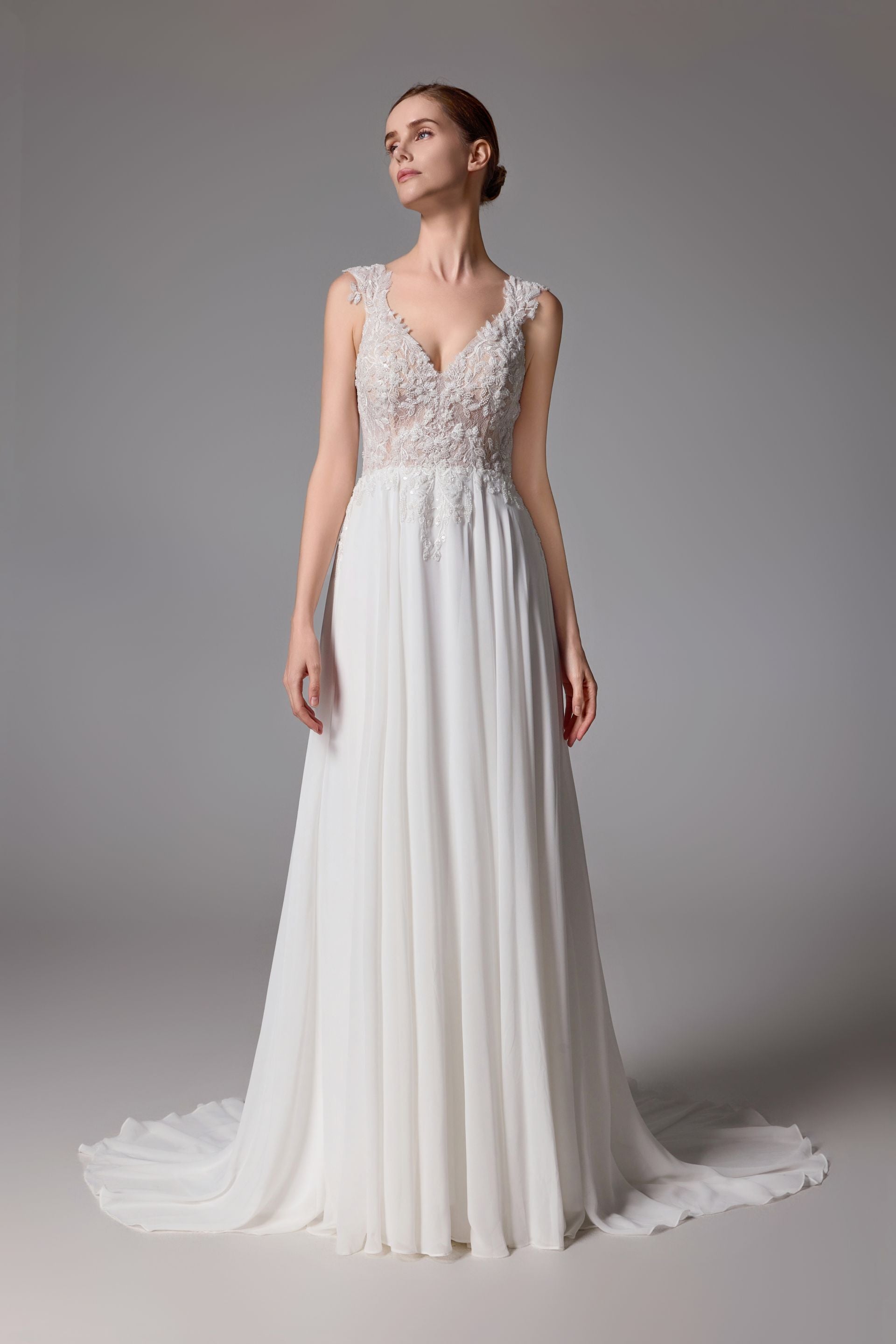 Floral V-neckline chiffon bridal gown with a sexy V-back LVS2409