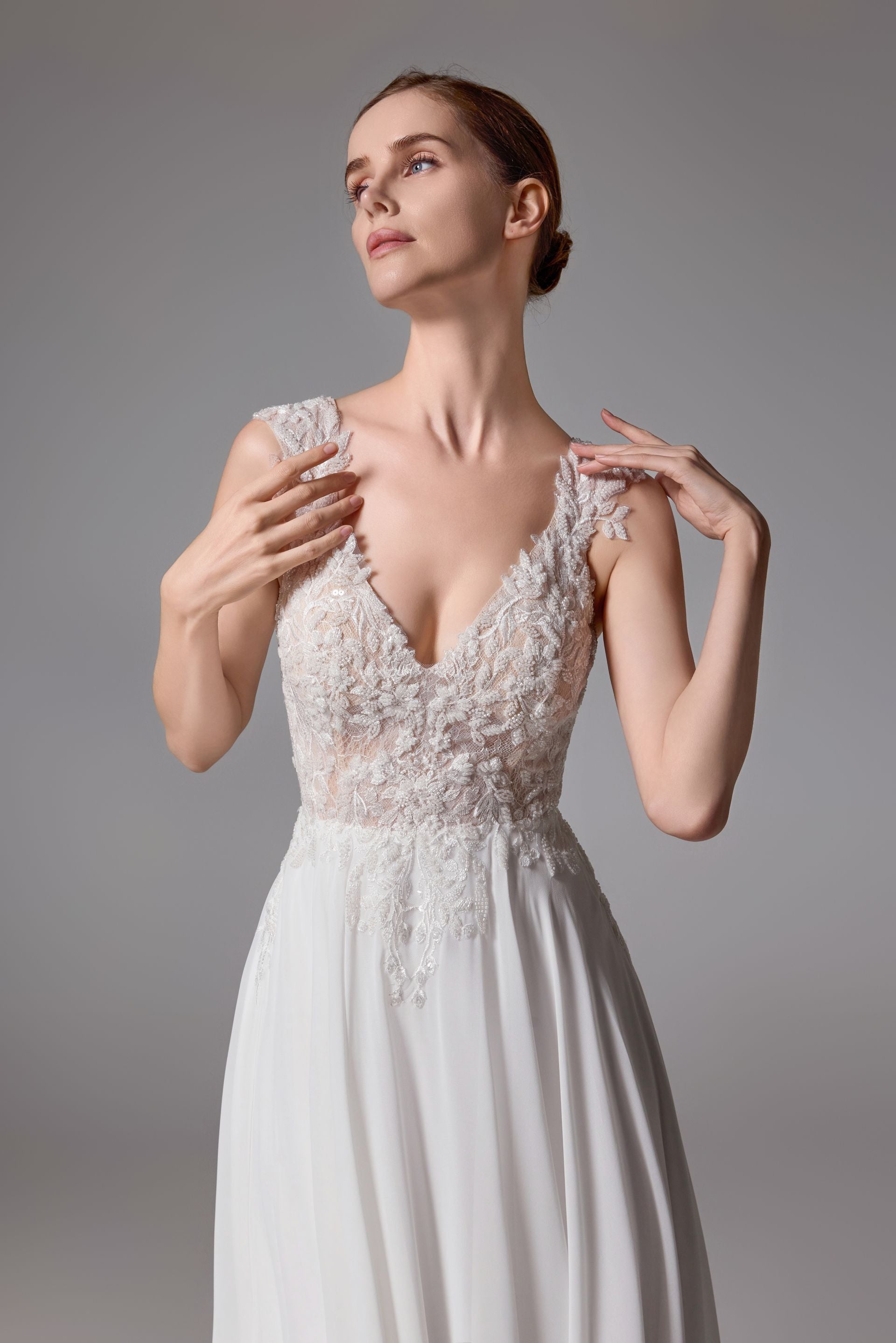 Floral V-neckline chiffon bridal gown with a sexy V-back LVS2409