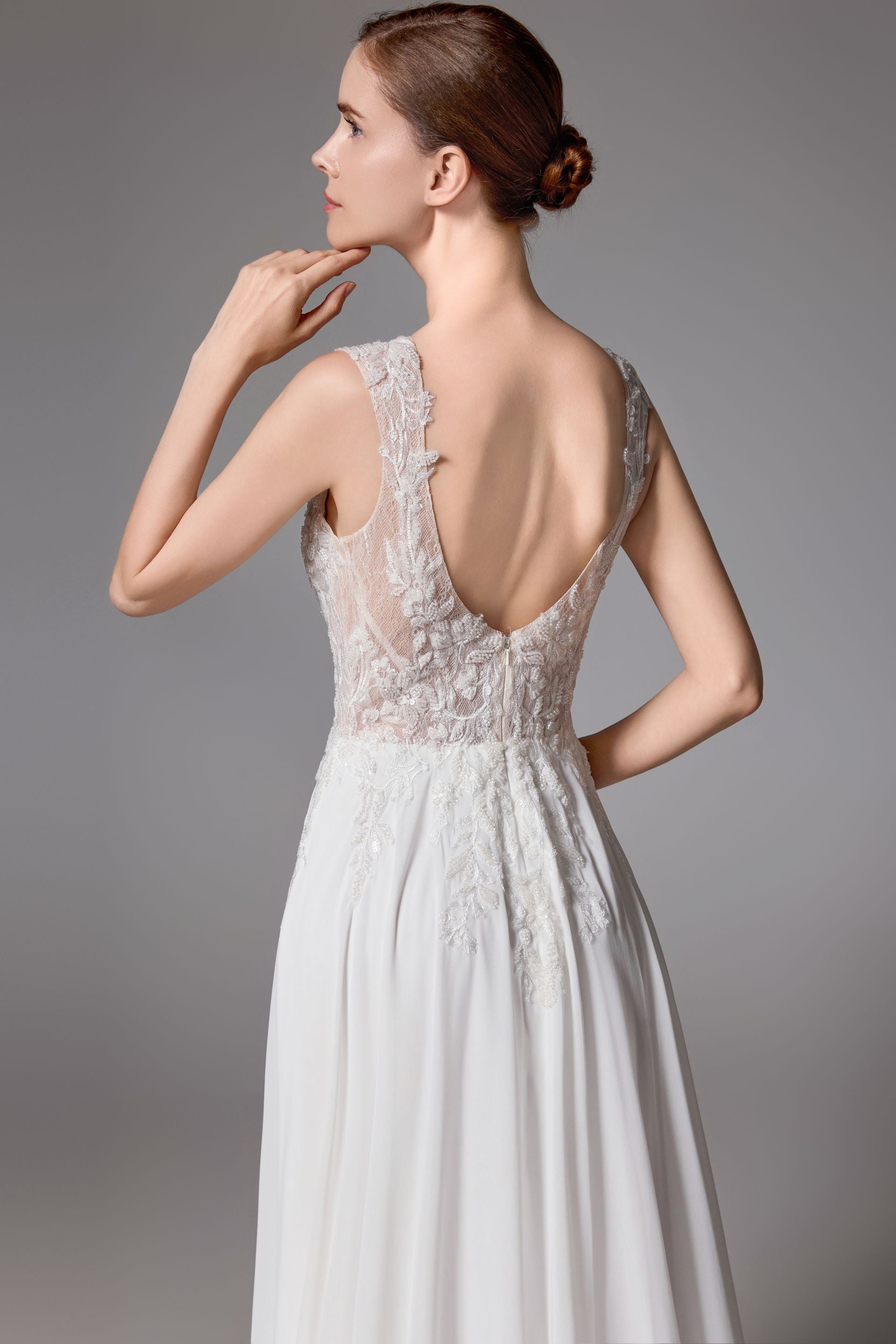 Floral V-neckline chiffon bridal gown with a sexy V-back LVS2409