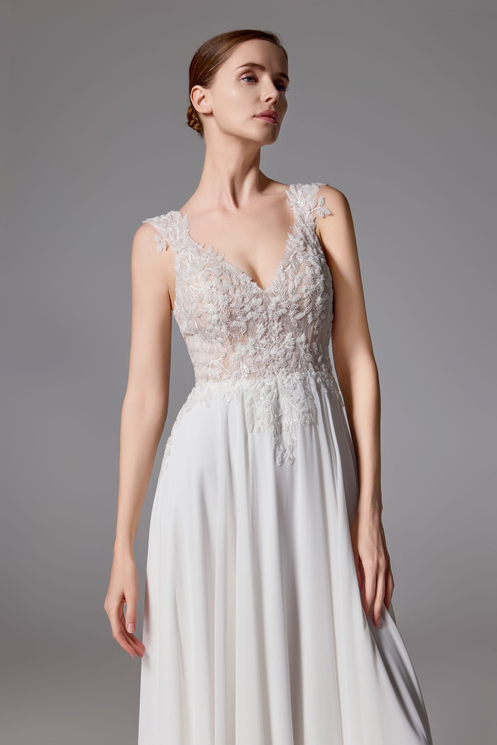 Floral V-neckline chiffon bridal gown with a sexy V-back LVS2409