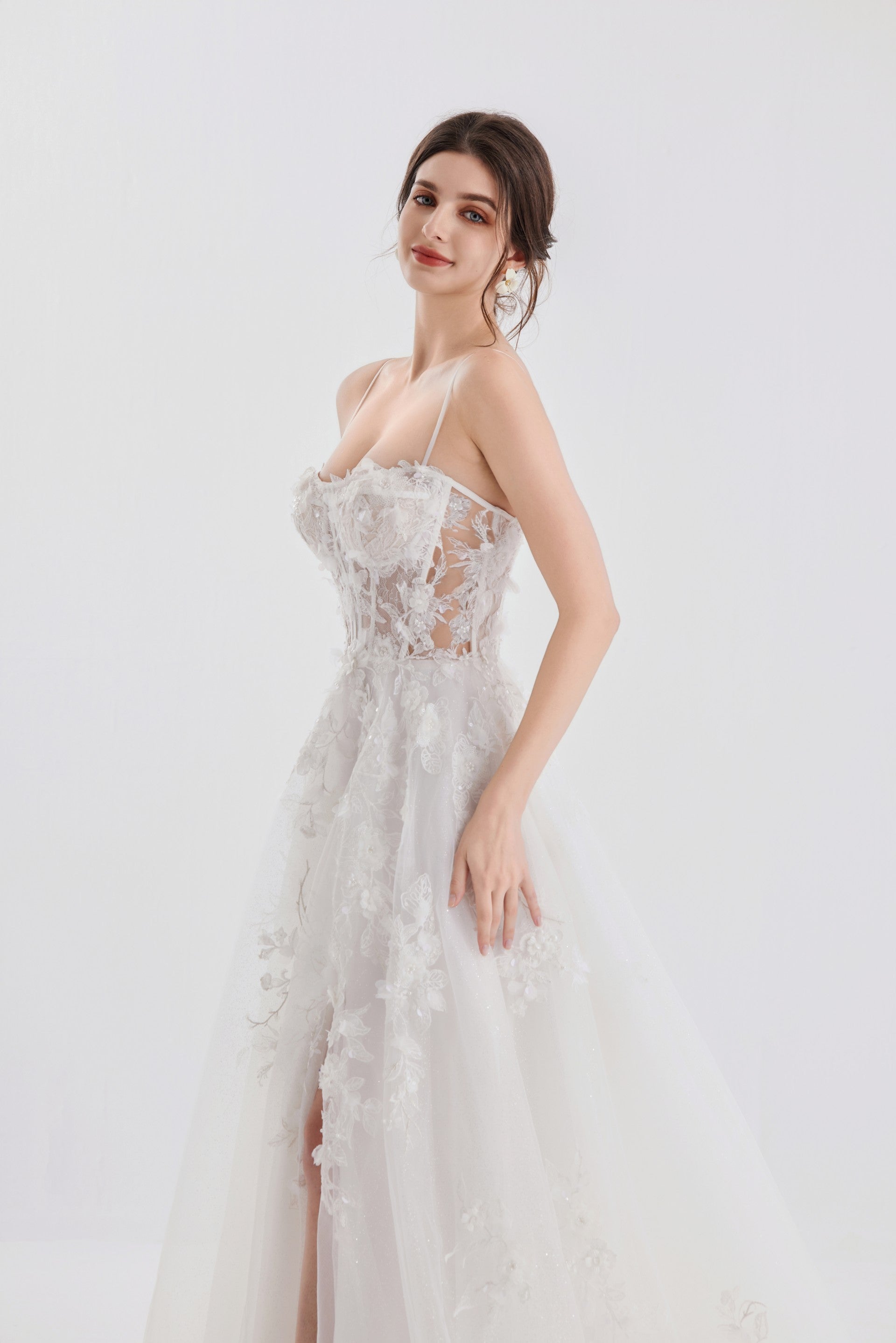 Floral cottagecore sexy wedding dress with a thigh-high slit LVB2612