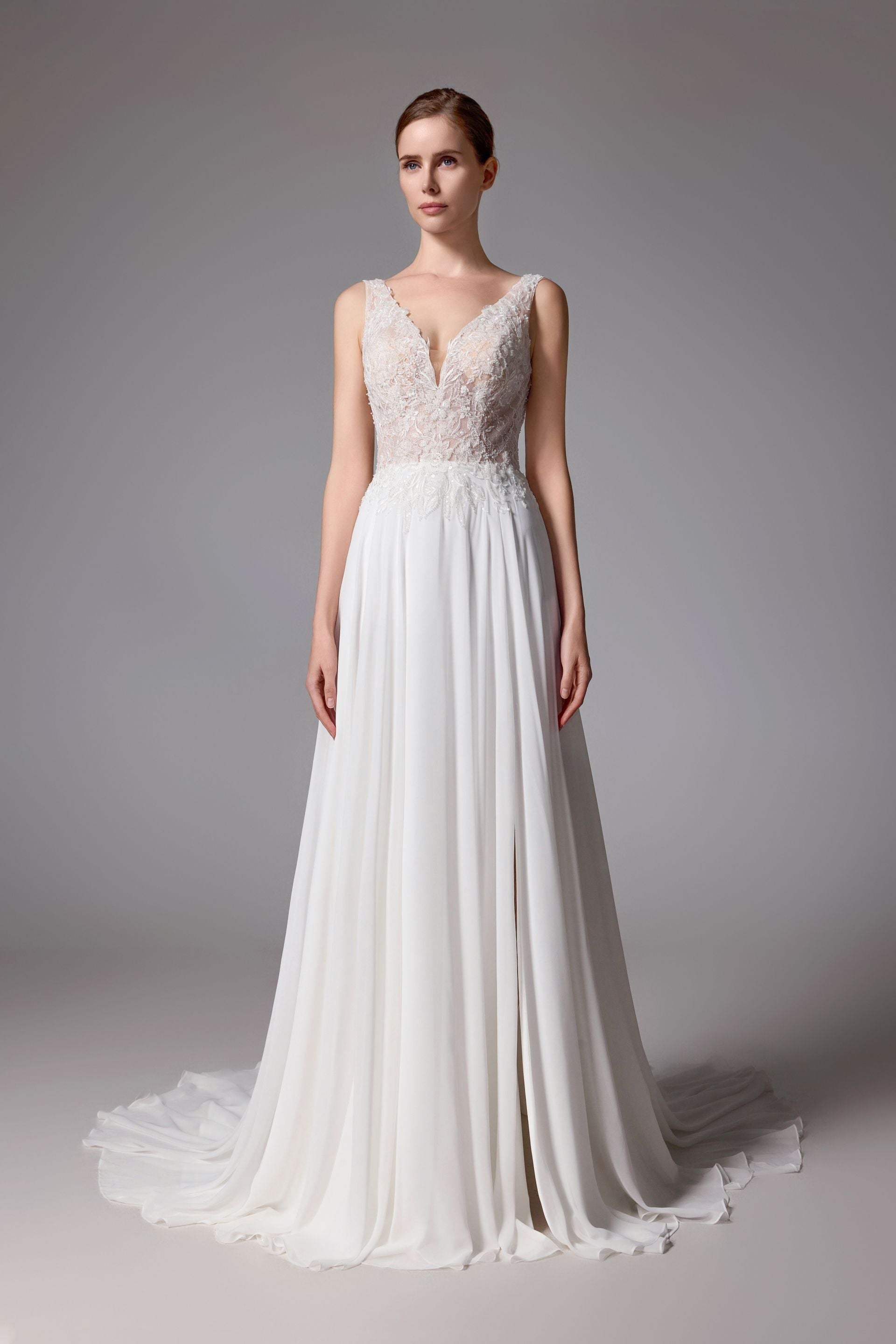 Open back wedding dress with a romantic chiffon skirt with thigh-high slit LVS2403