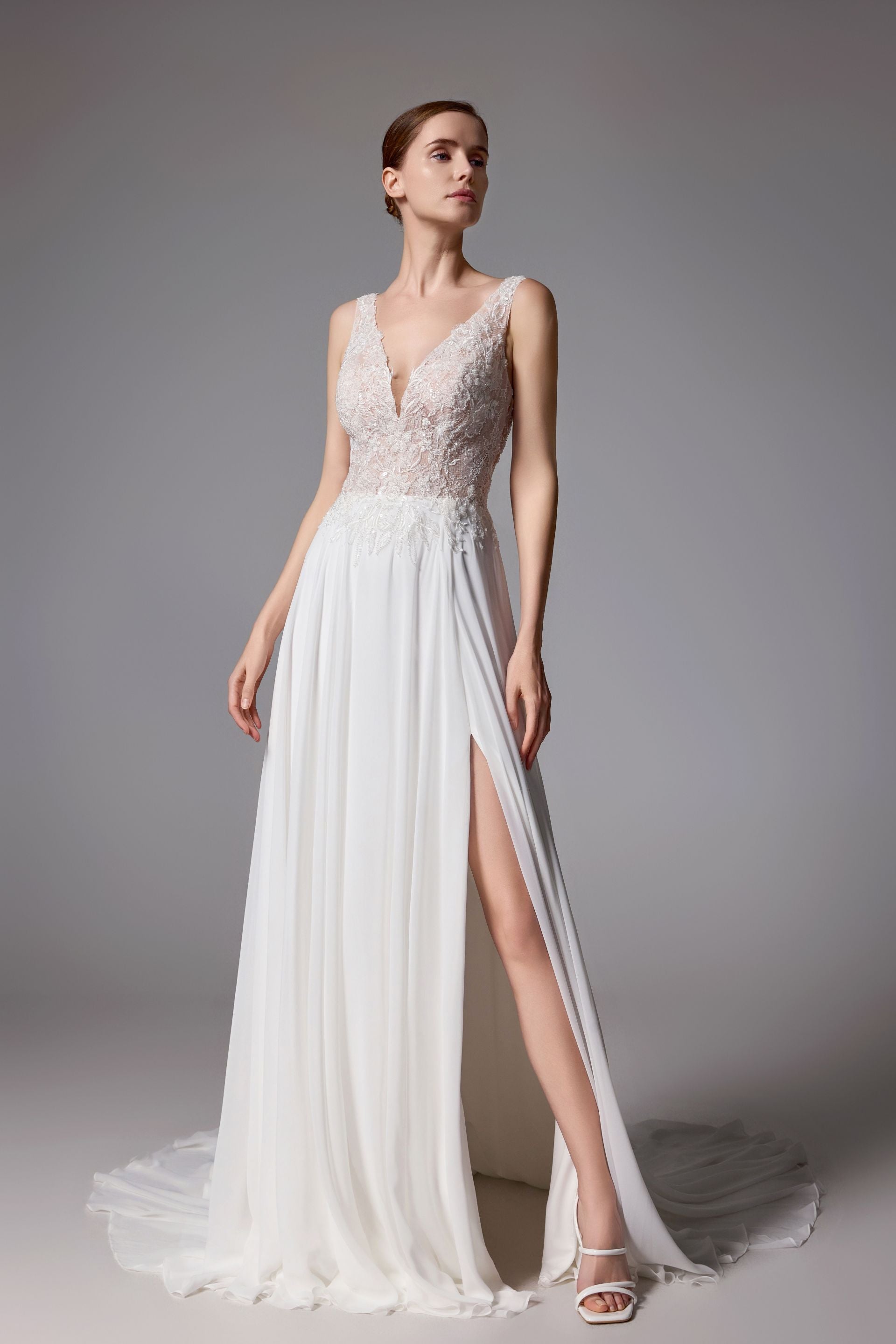 Open back wedding dress with a romantic chiffon skirt with thigh-high slit LVS2403