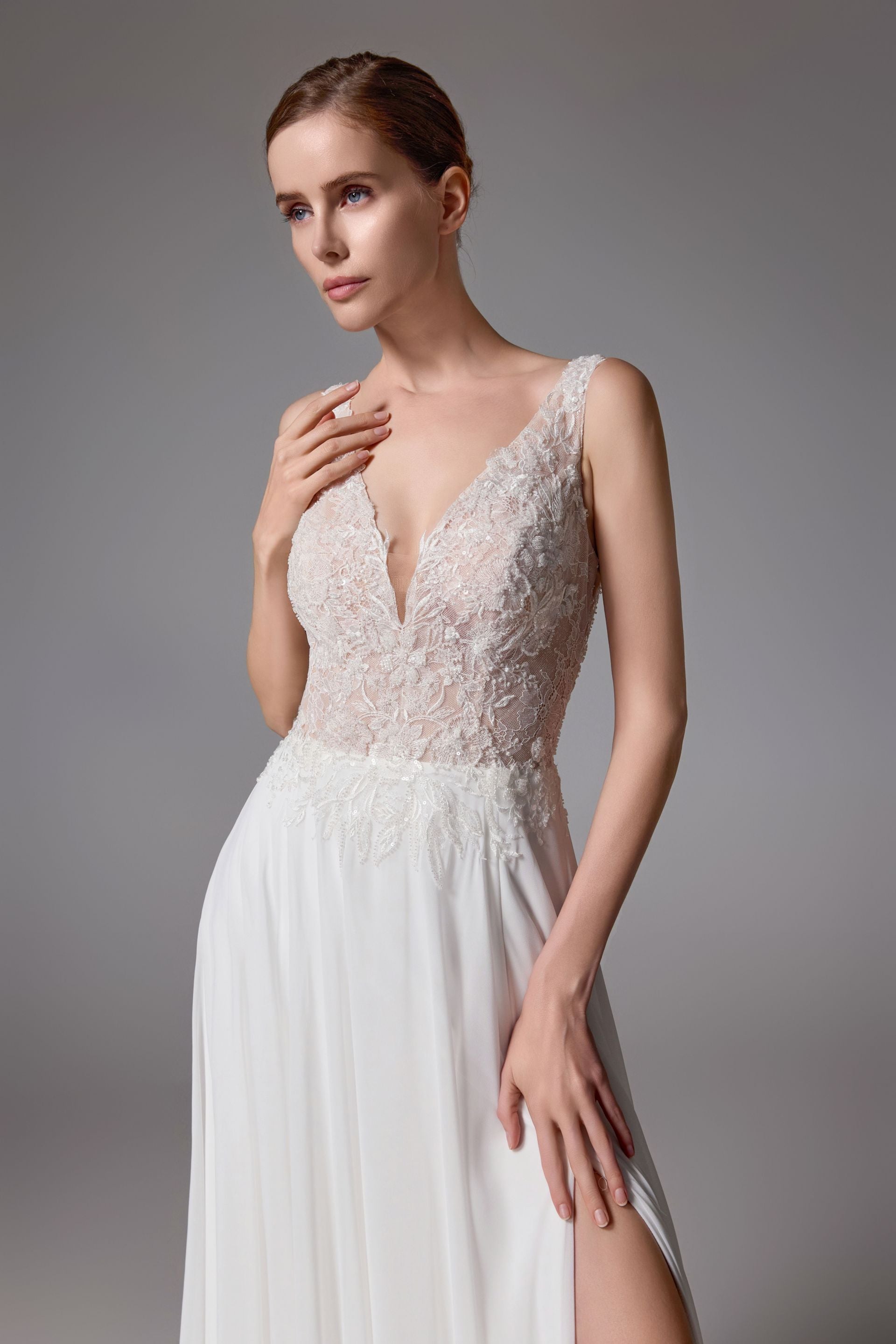 Open back wedding dress with a romantic chiffon skirt with thigh-high slit LVS2403