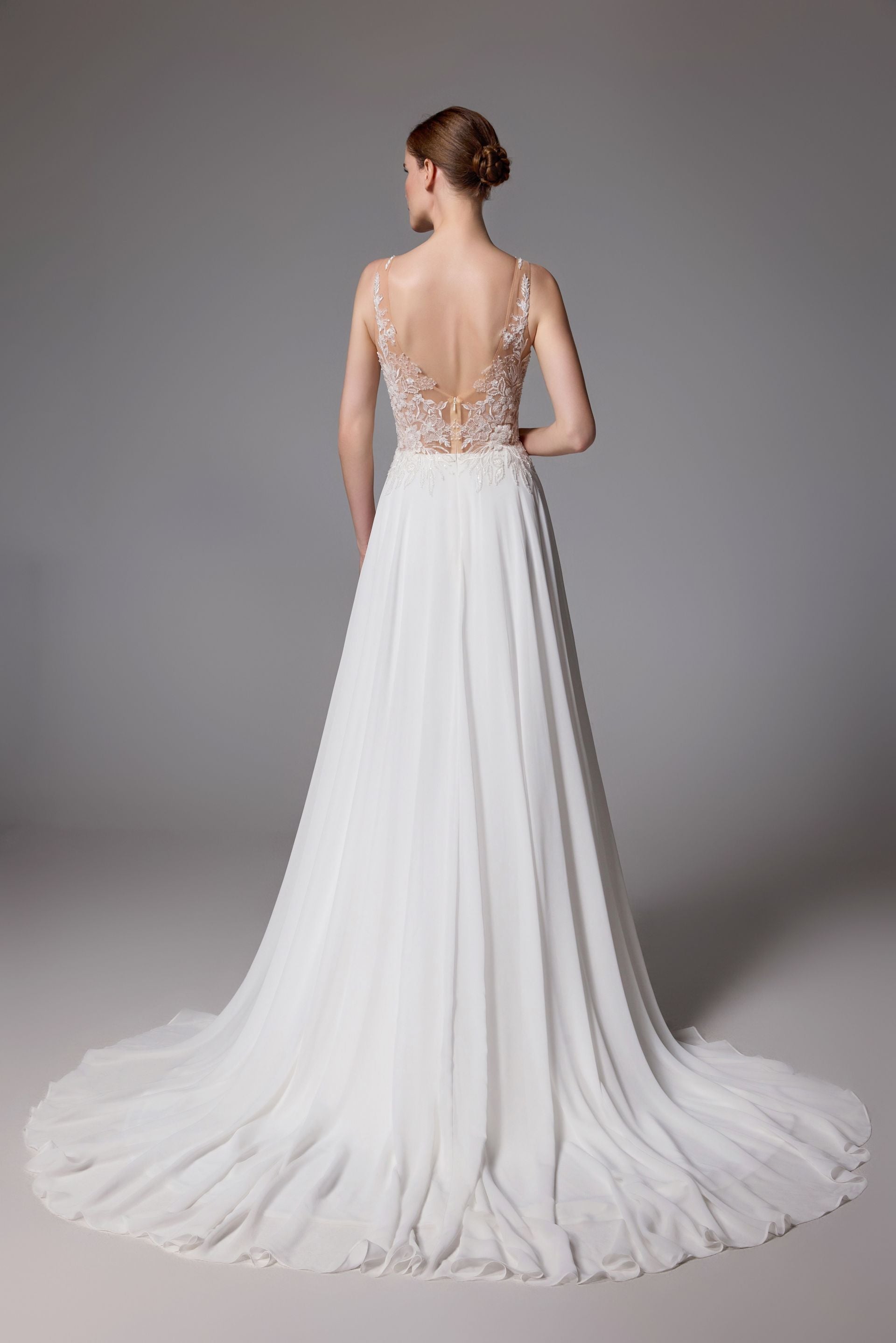 Open back wedding dress with a romantic chiffon skirt with thigh-high slit LVS2403
