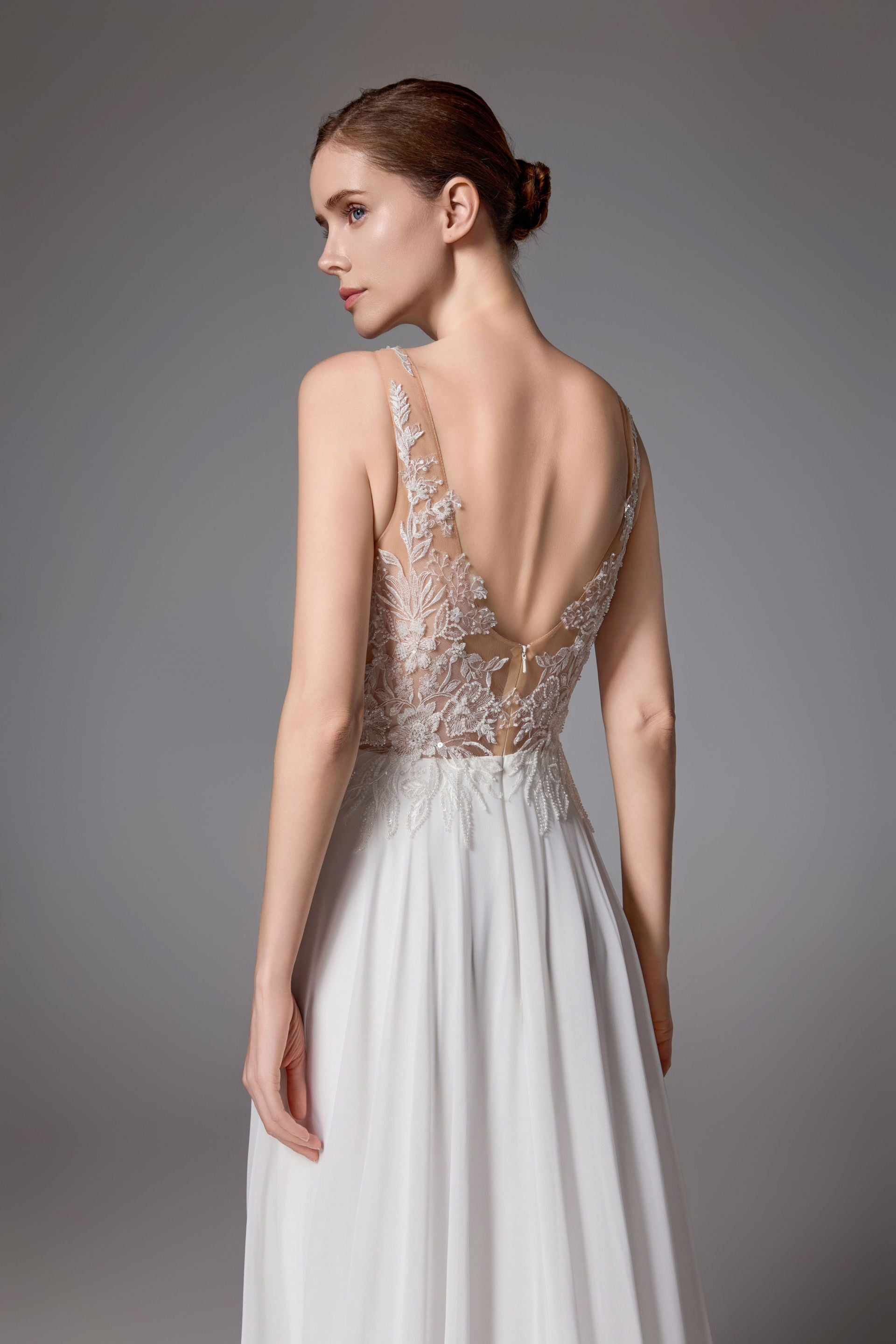 Open back wedding dress with a romantic chiffon skirt with thigh-high slit LVS2403