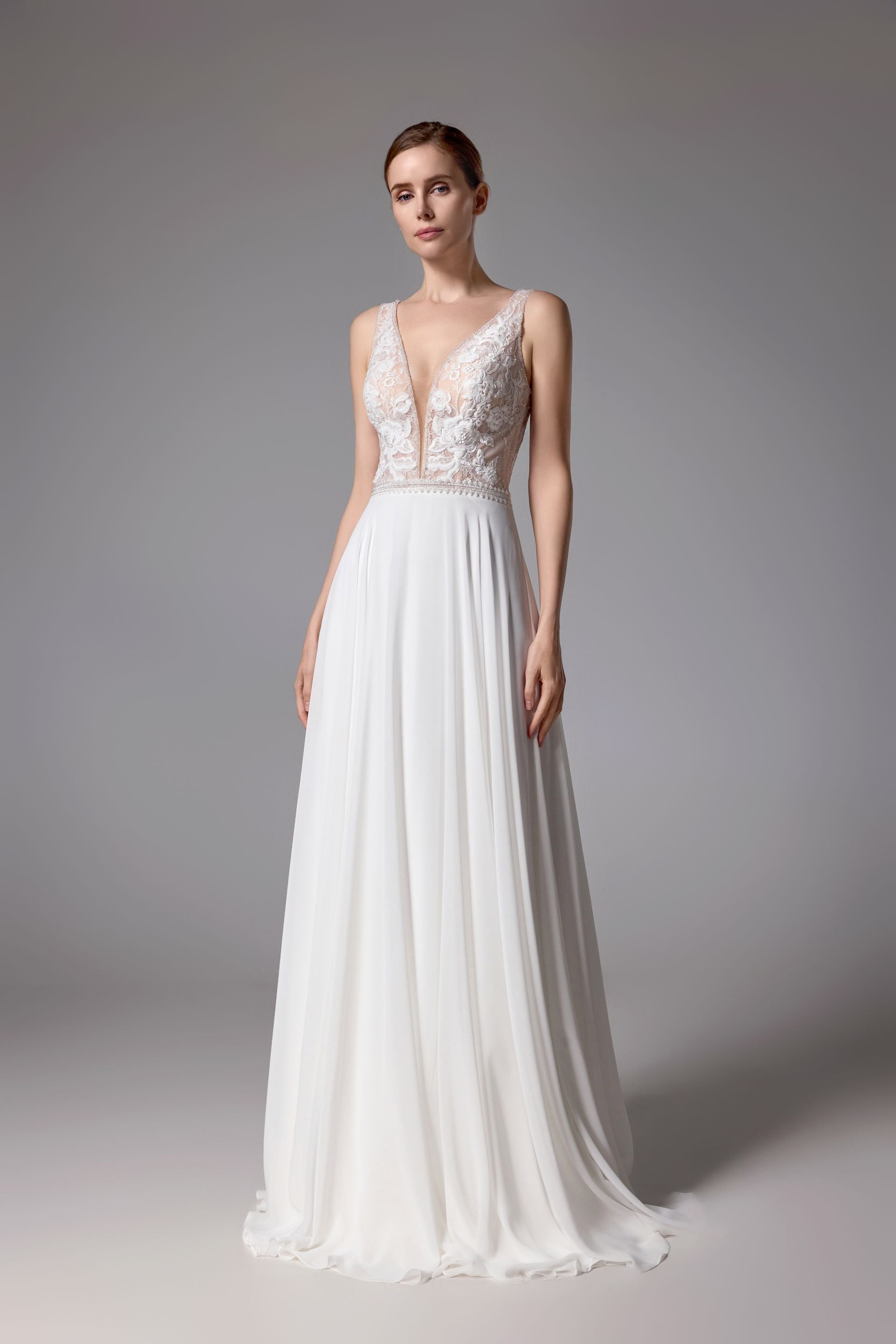 Beaded Chiffon Sheath V-neck Handmade Wedding Dress in a slimming silhouette LVS2408
