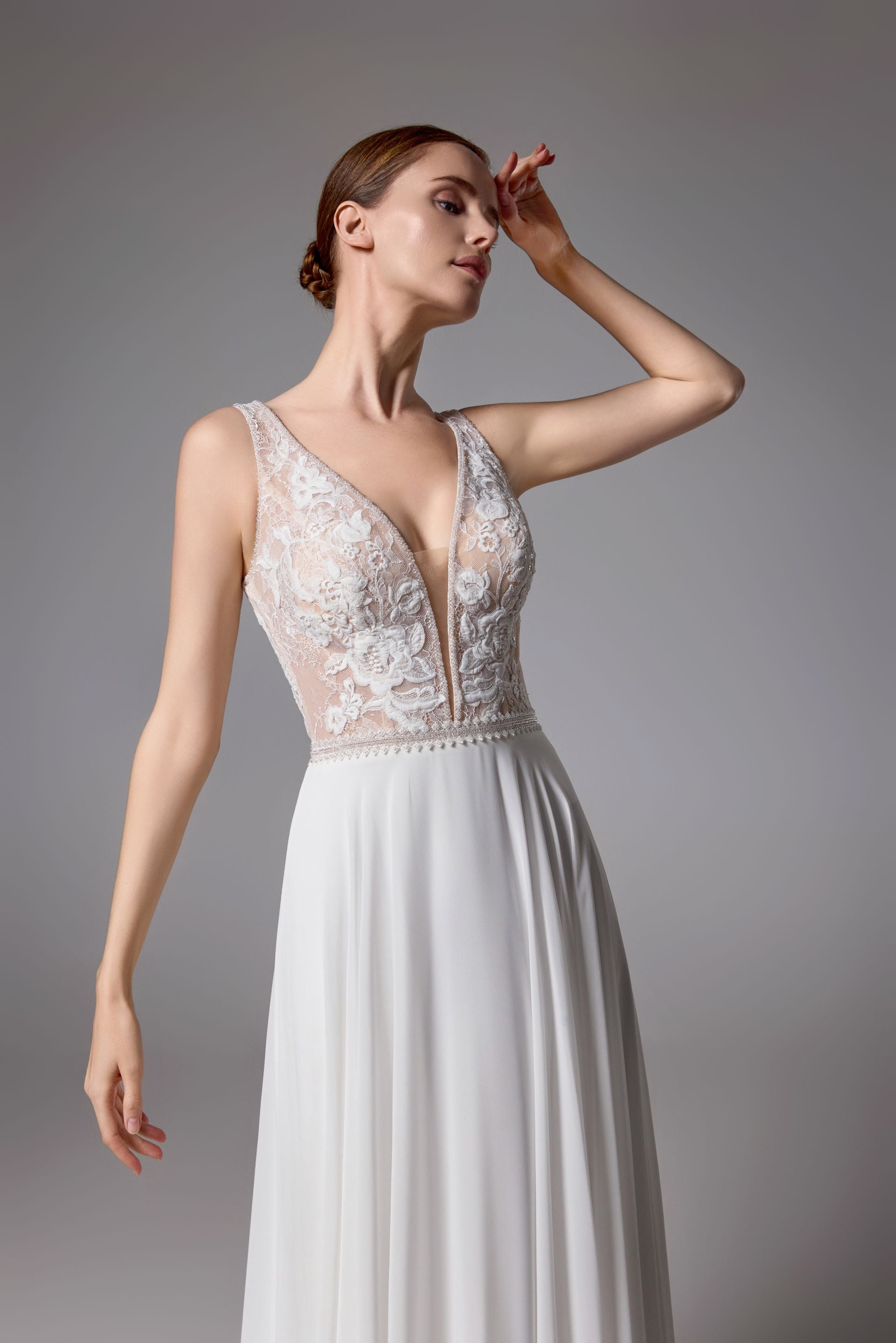 Beaded Chiffon Sheath V-neck Handmade Wedding Dress in a slimming silhouette LVS2408
