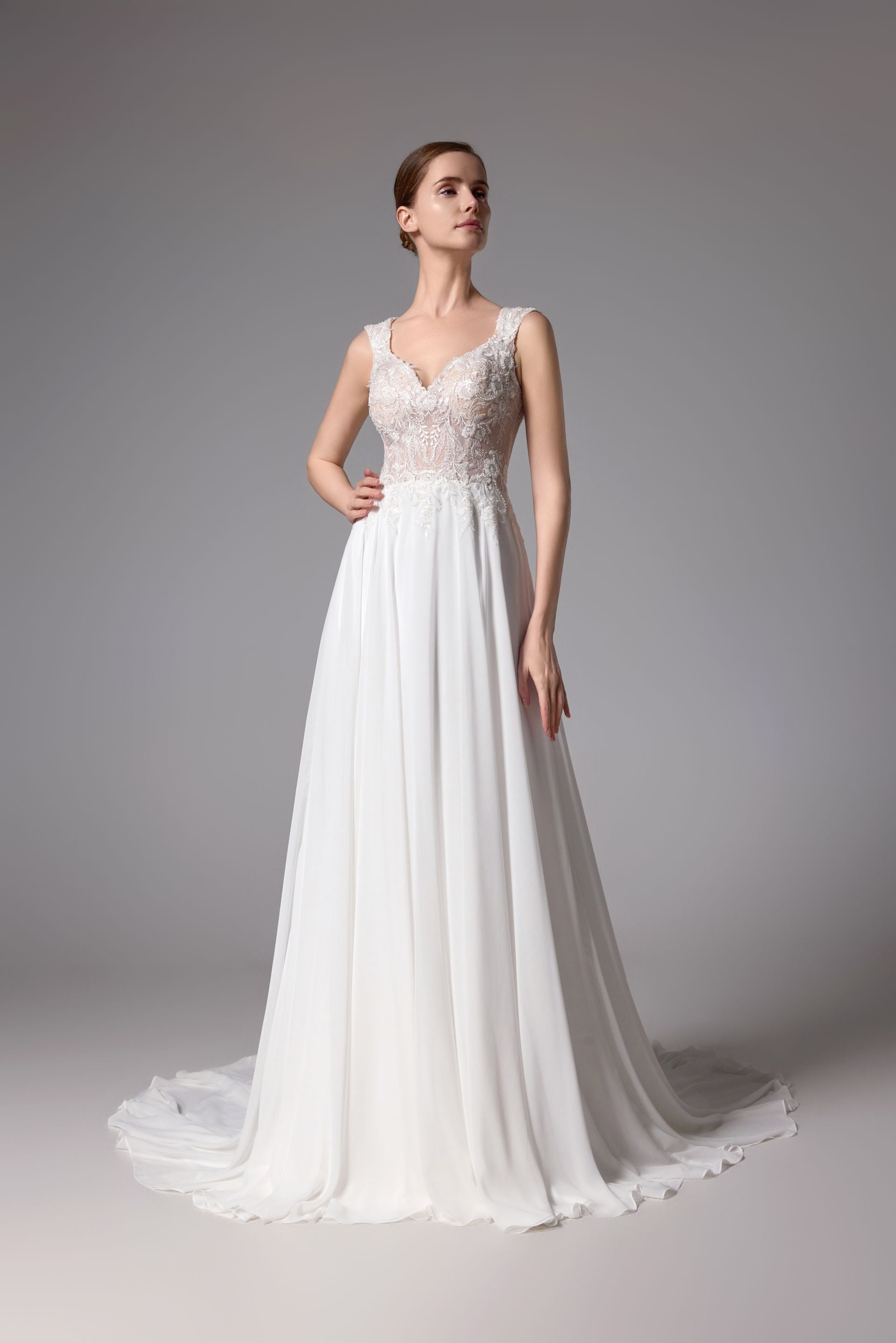Open back beaded Lace wedding dress with a romantic chiffon LVS2406