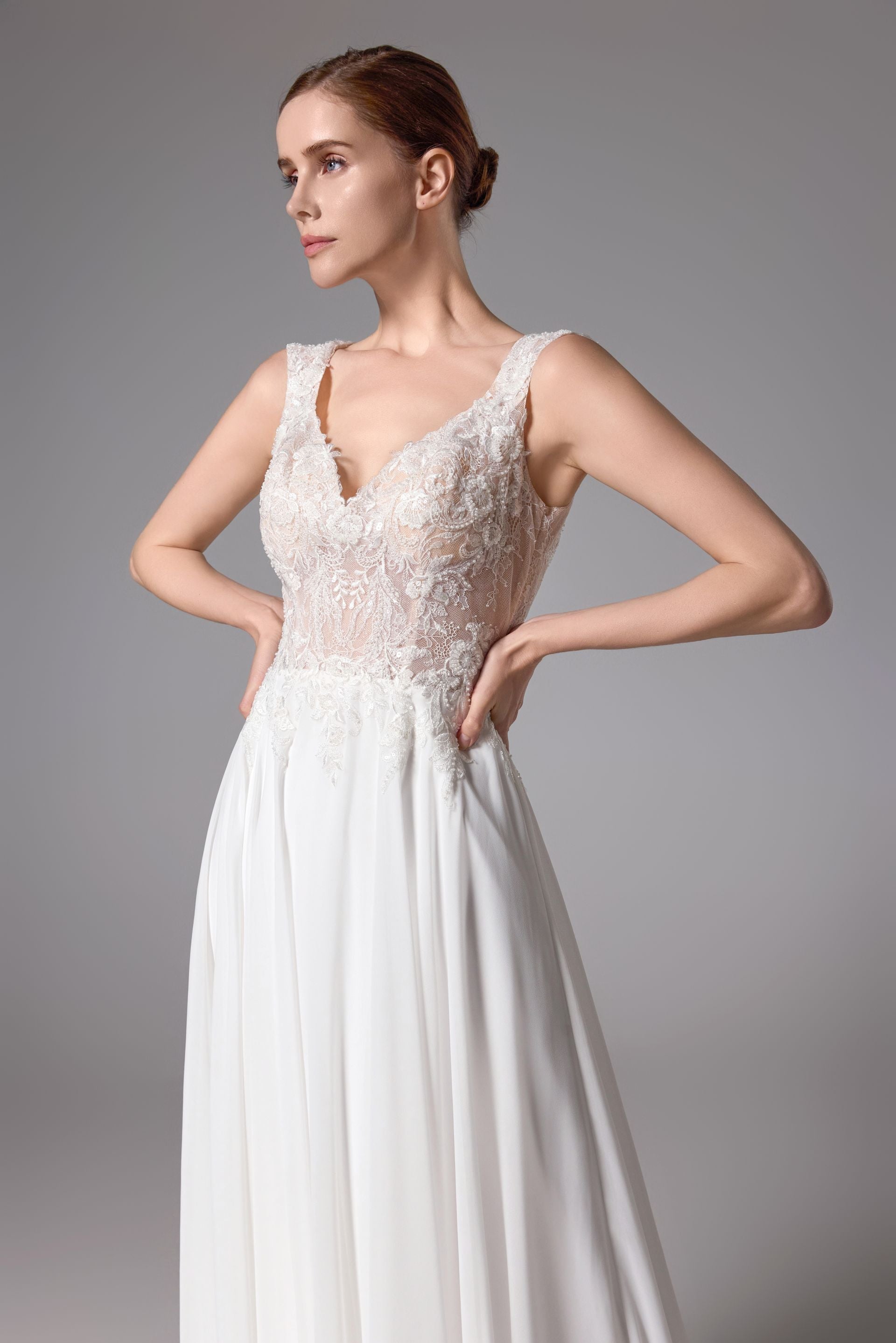 Open back beaded Lace wedding dress with a romantic chiffon LVS2406